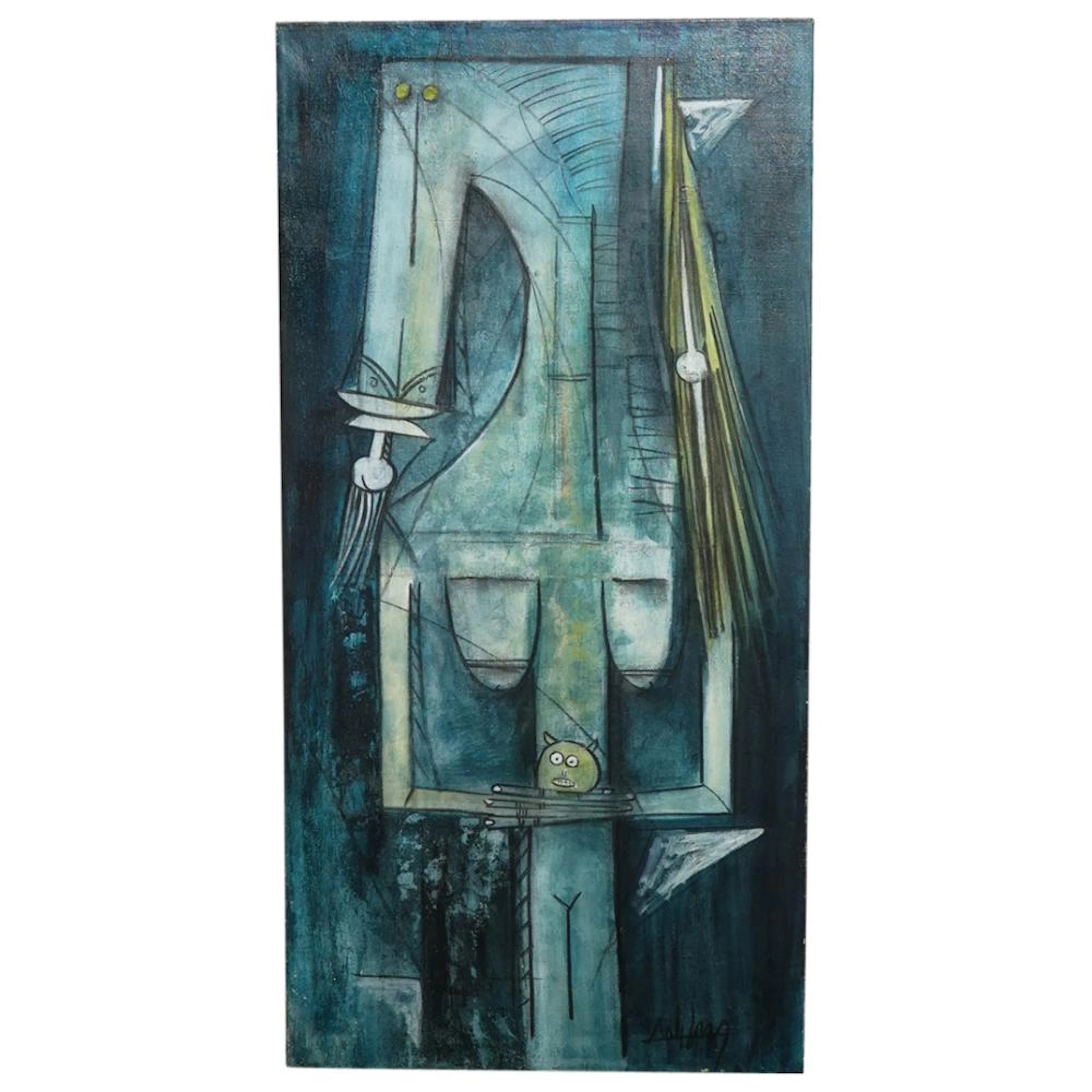 Wilfredo Lam (Cuban,1902) Mixed Media on Canvas "Composizione" Painting