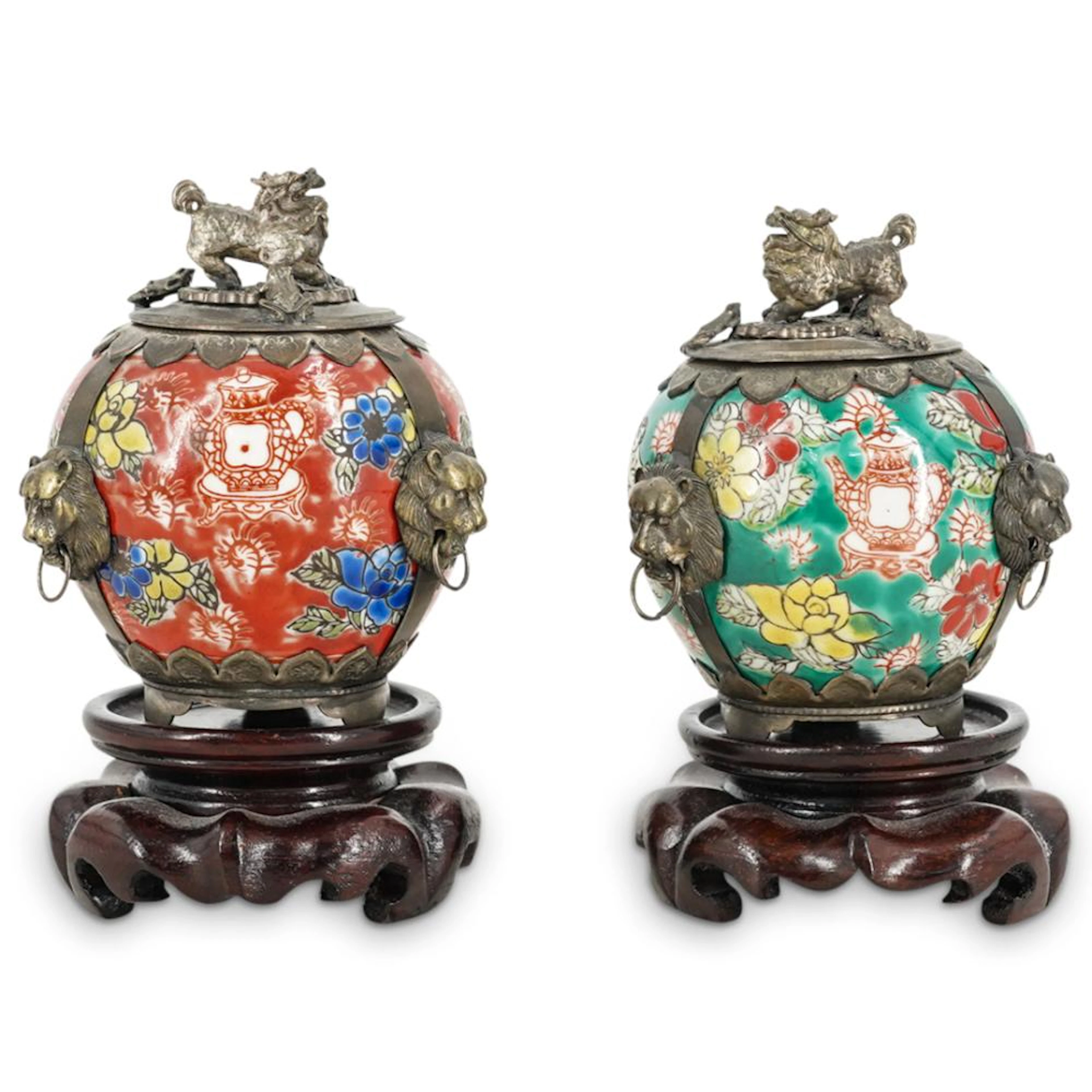 (2 Pc) Chinese Silvered Porcelain Small Potpourri Vases