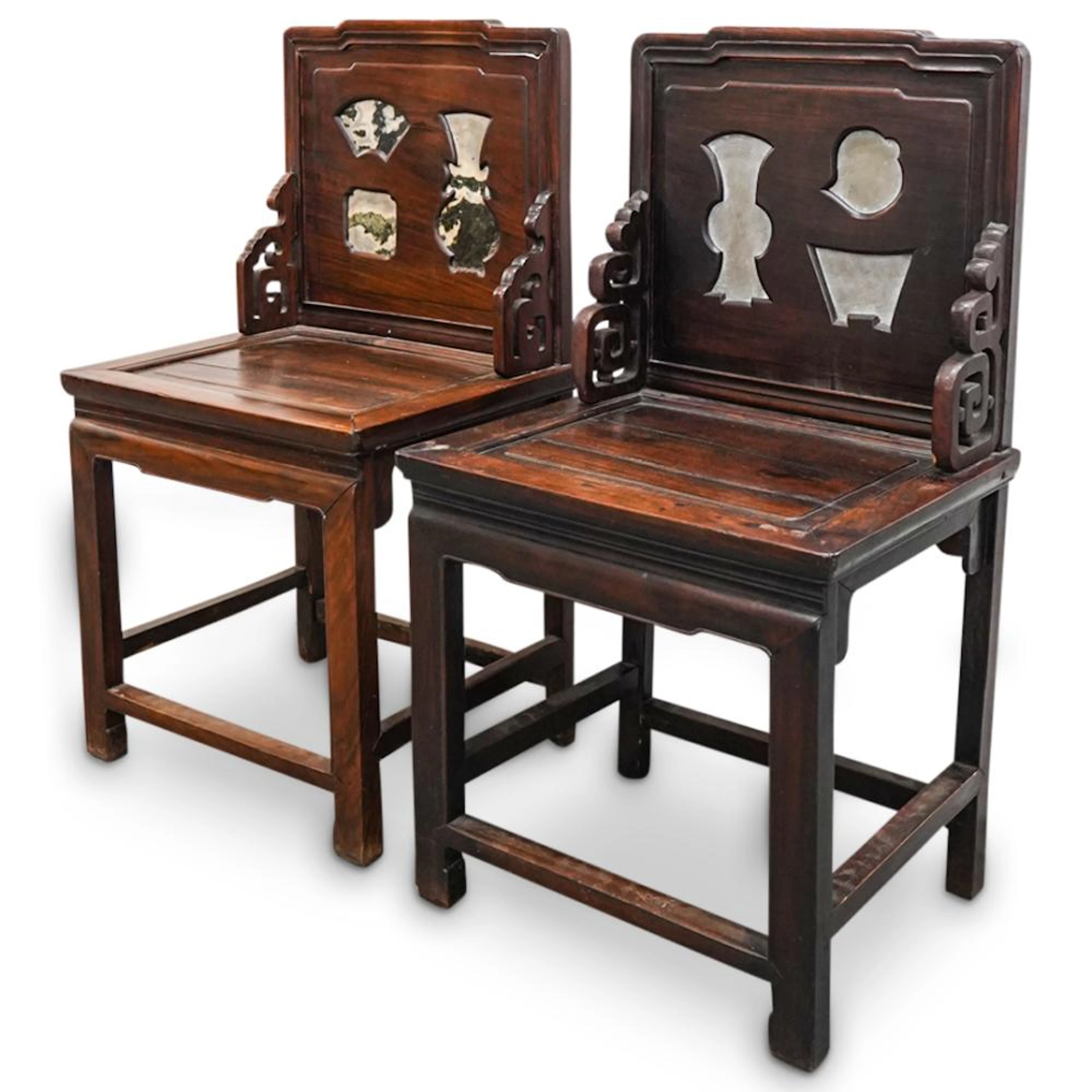 Pair Of Antique Chinese Carved Wood And Marble Inset Chairs