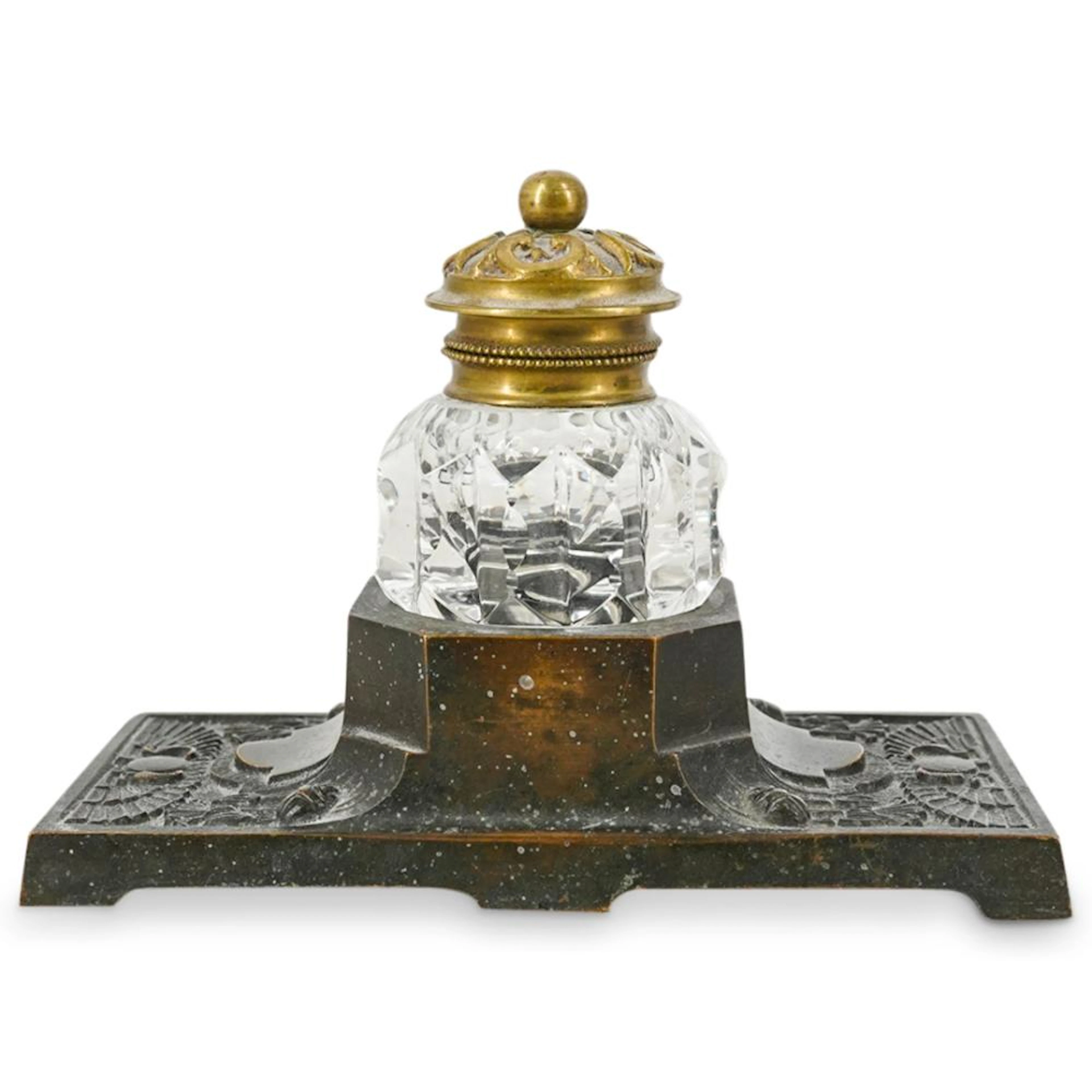 Antique French Egyptian Revival Inkwell And Base