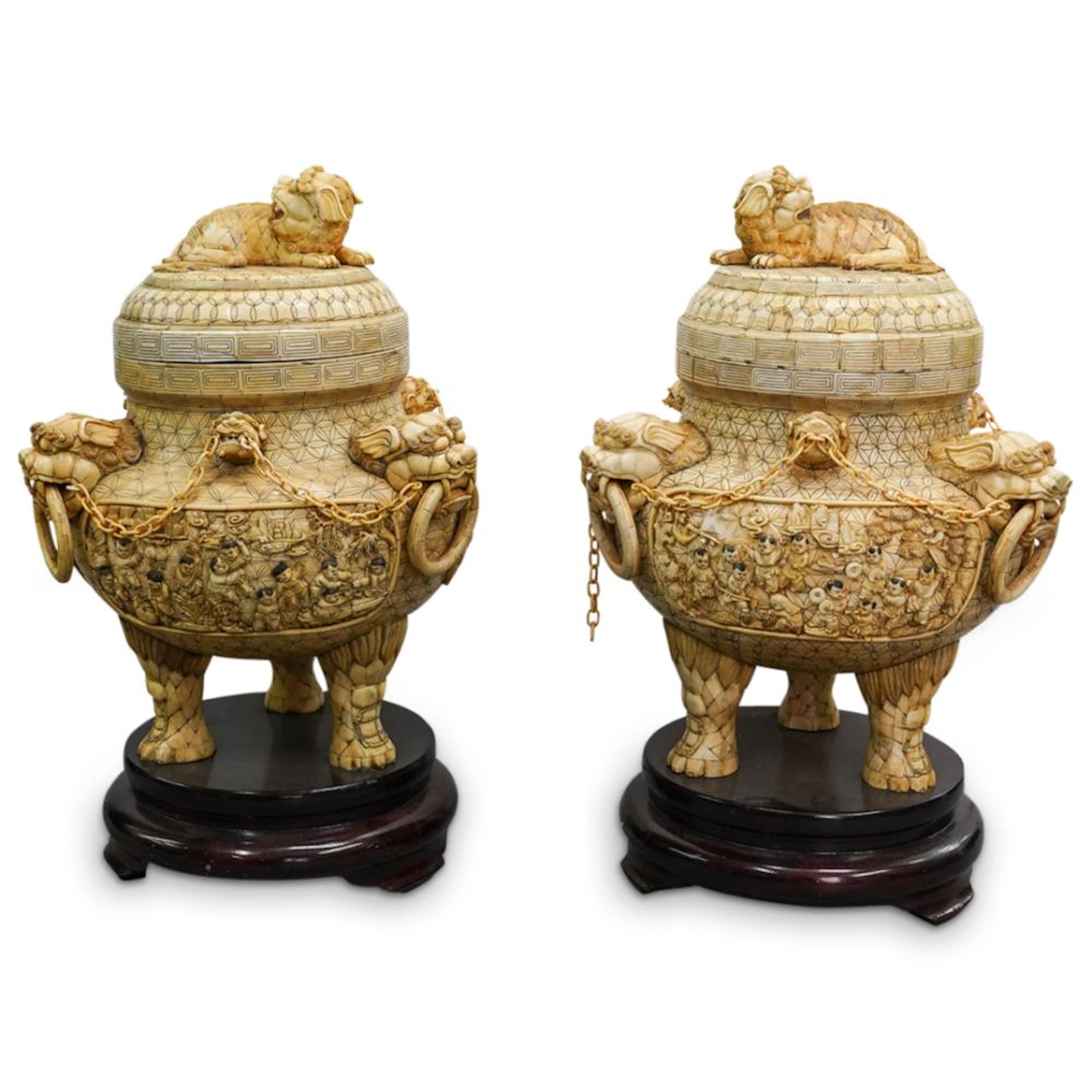 Pair Of Vintage Chinese Guardian Lion Cauldrons W/ Bases
