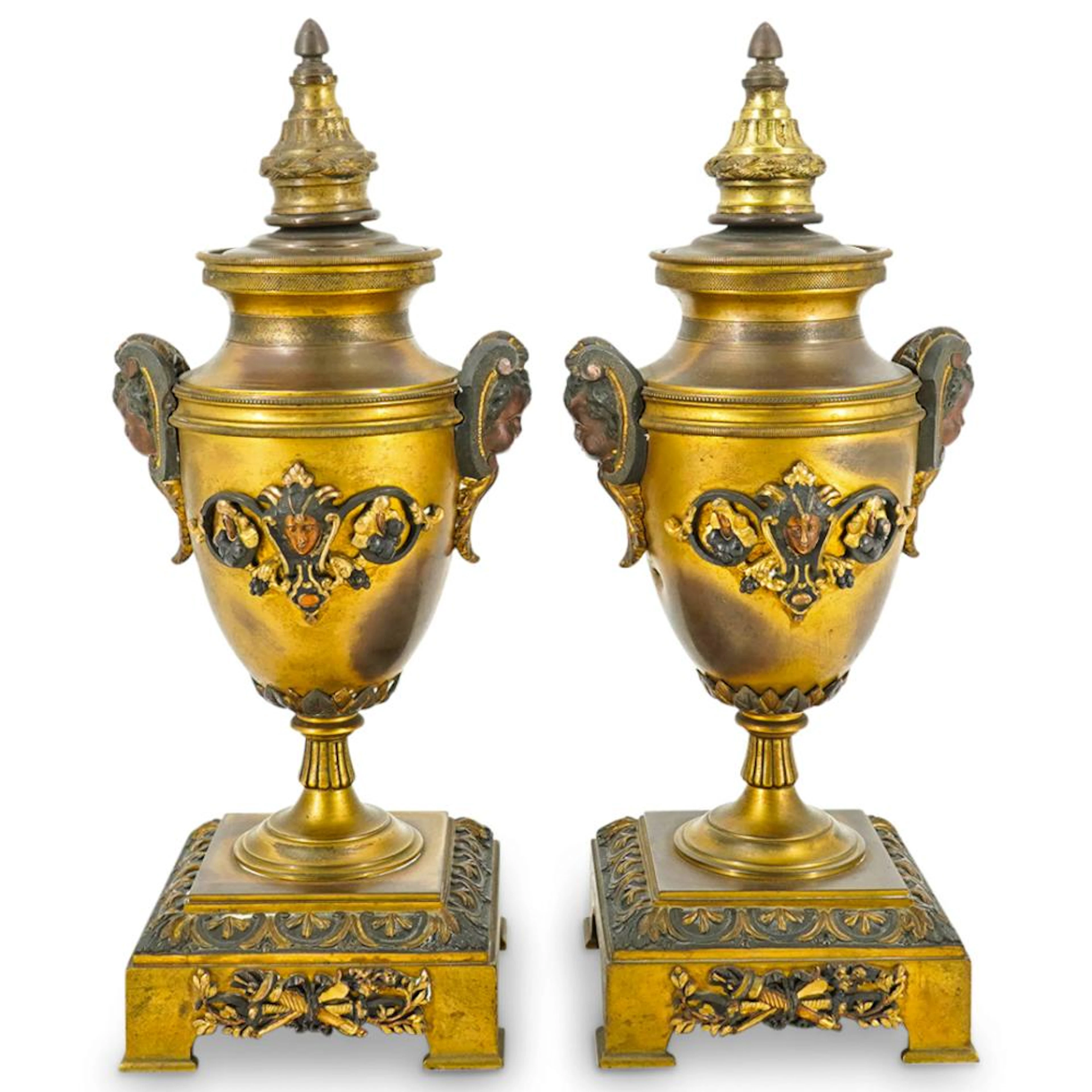 Antique French Lidded Bronze Urn Vases