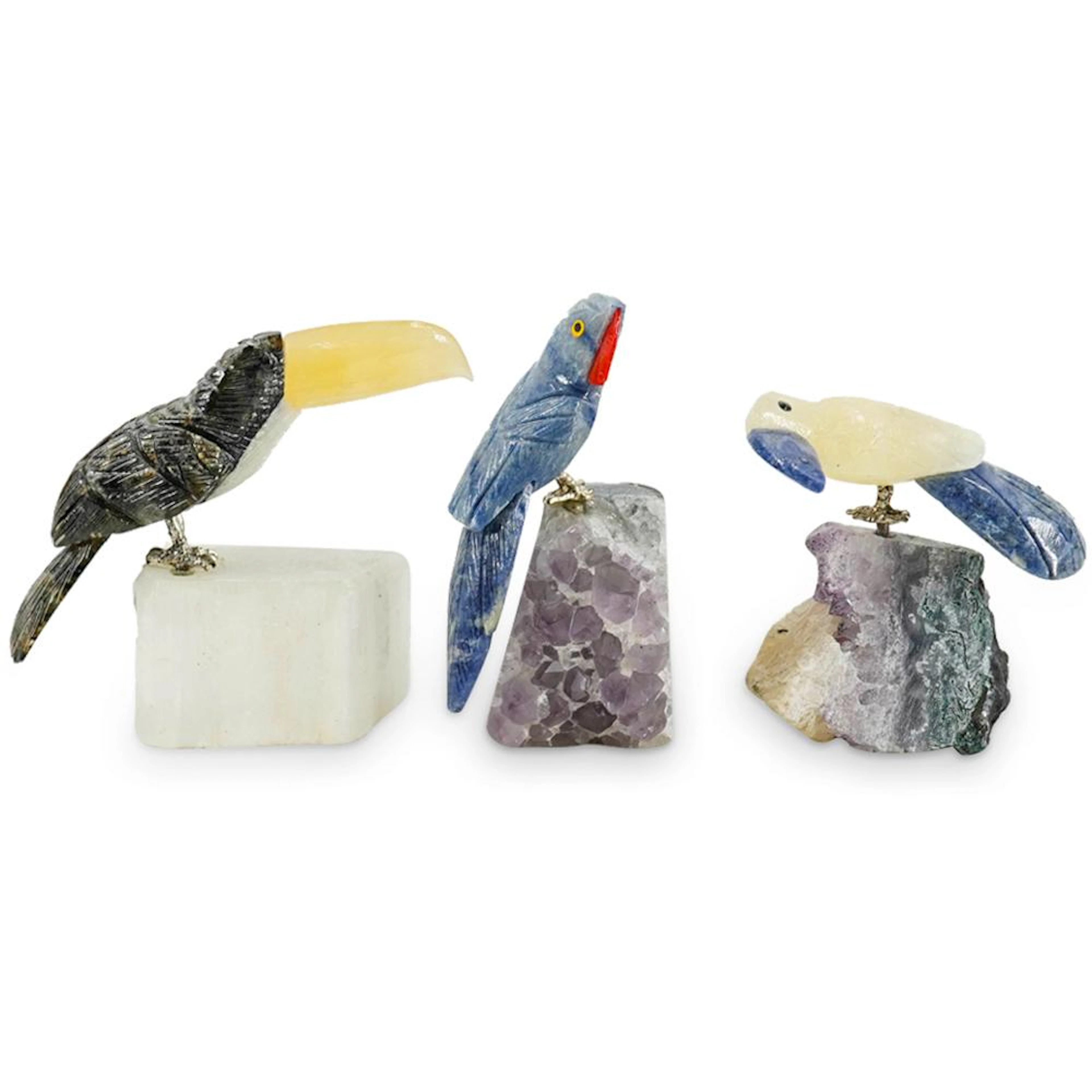 (3 Pc) Carved Gemstone Tropical Bird Statues