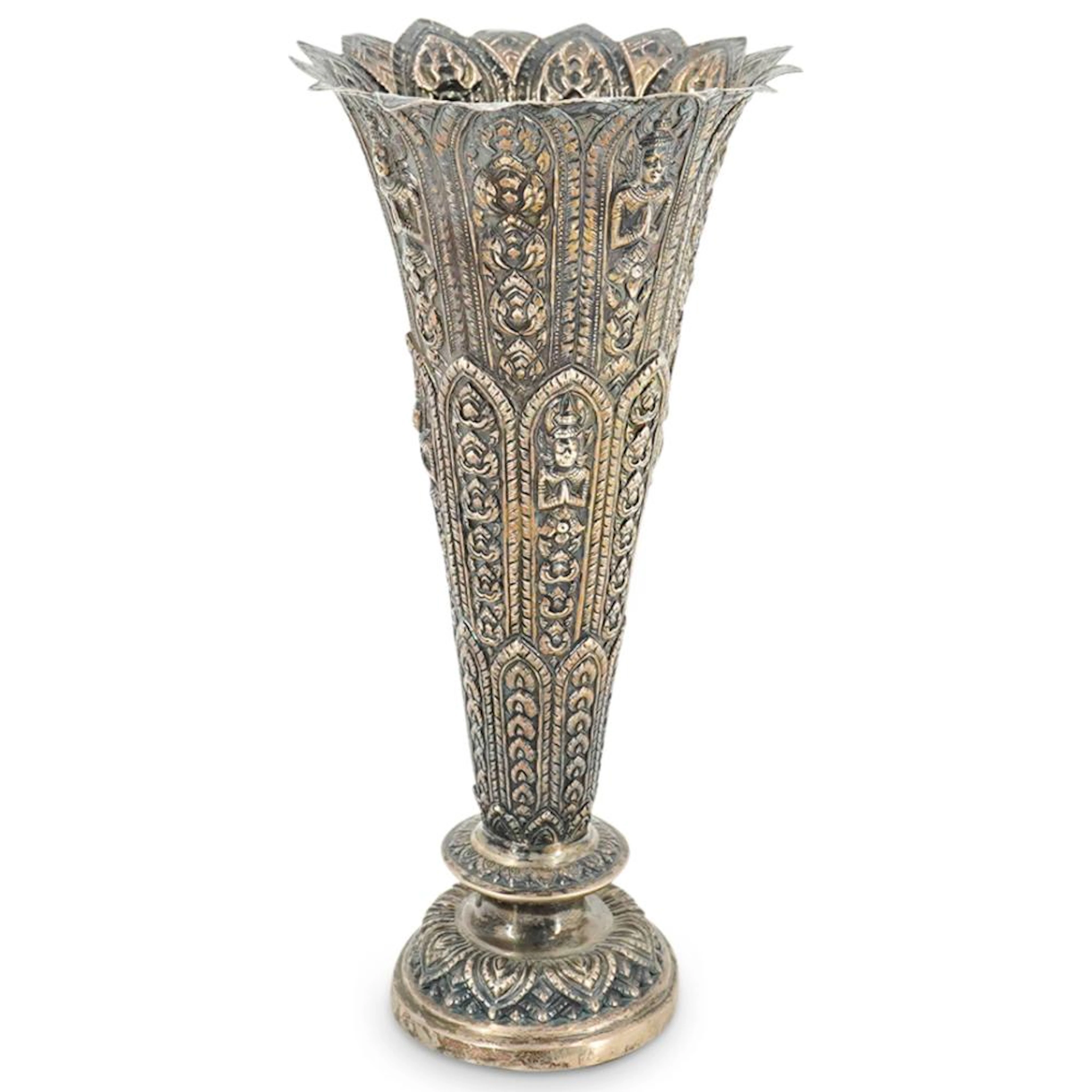 Antique Siamese 900 Silver Repousse Fluted Vase