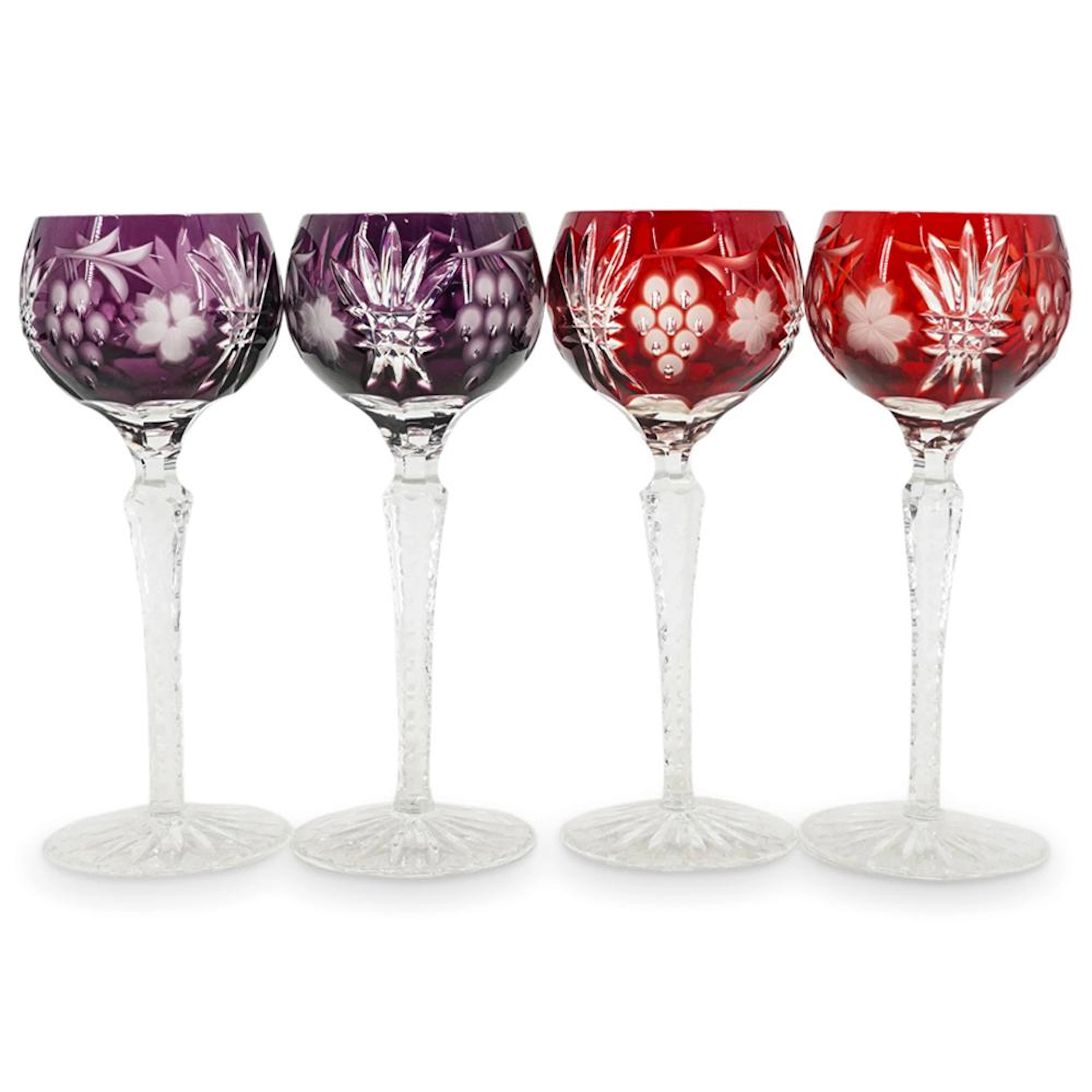 (4 Pc) Bavarian Nachtmann Ruby & Amethyst Crystal Hock Wine Glasses