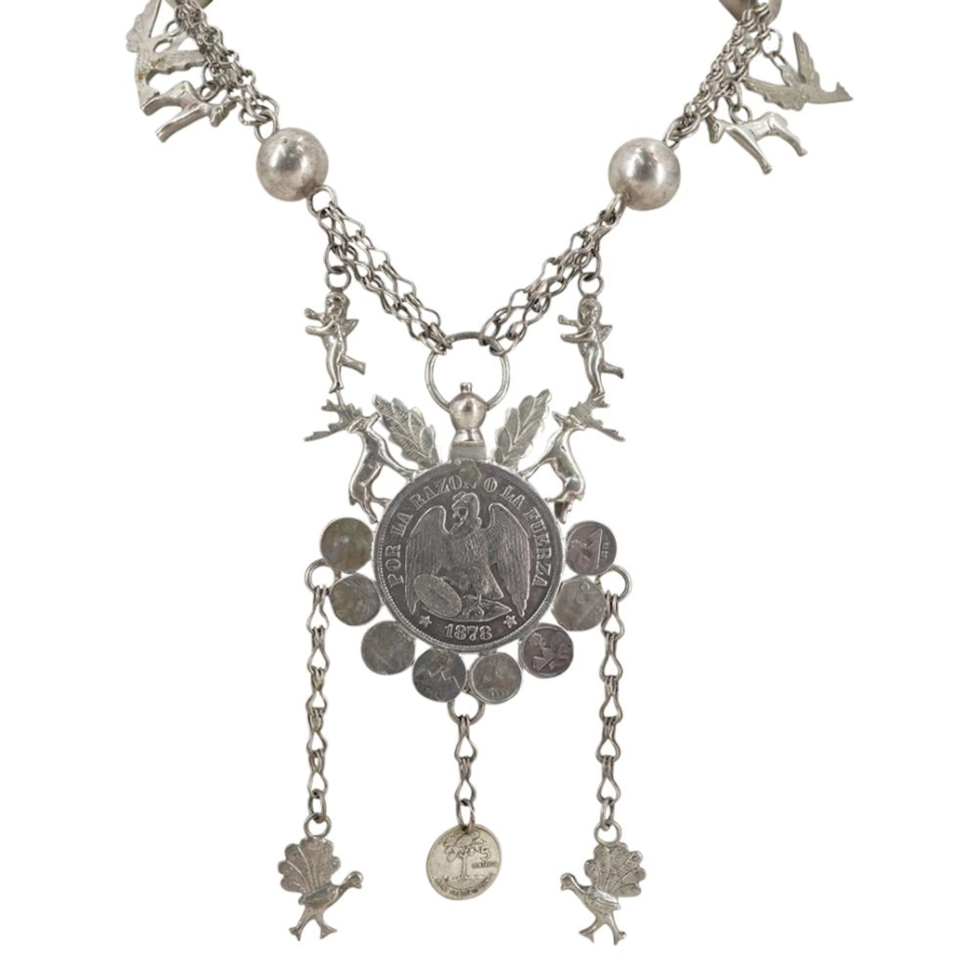 Rare Coin Silver Necklace W/ Charms & Coin Pendant