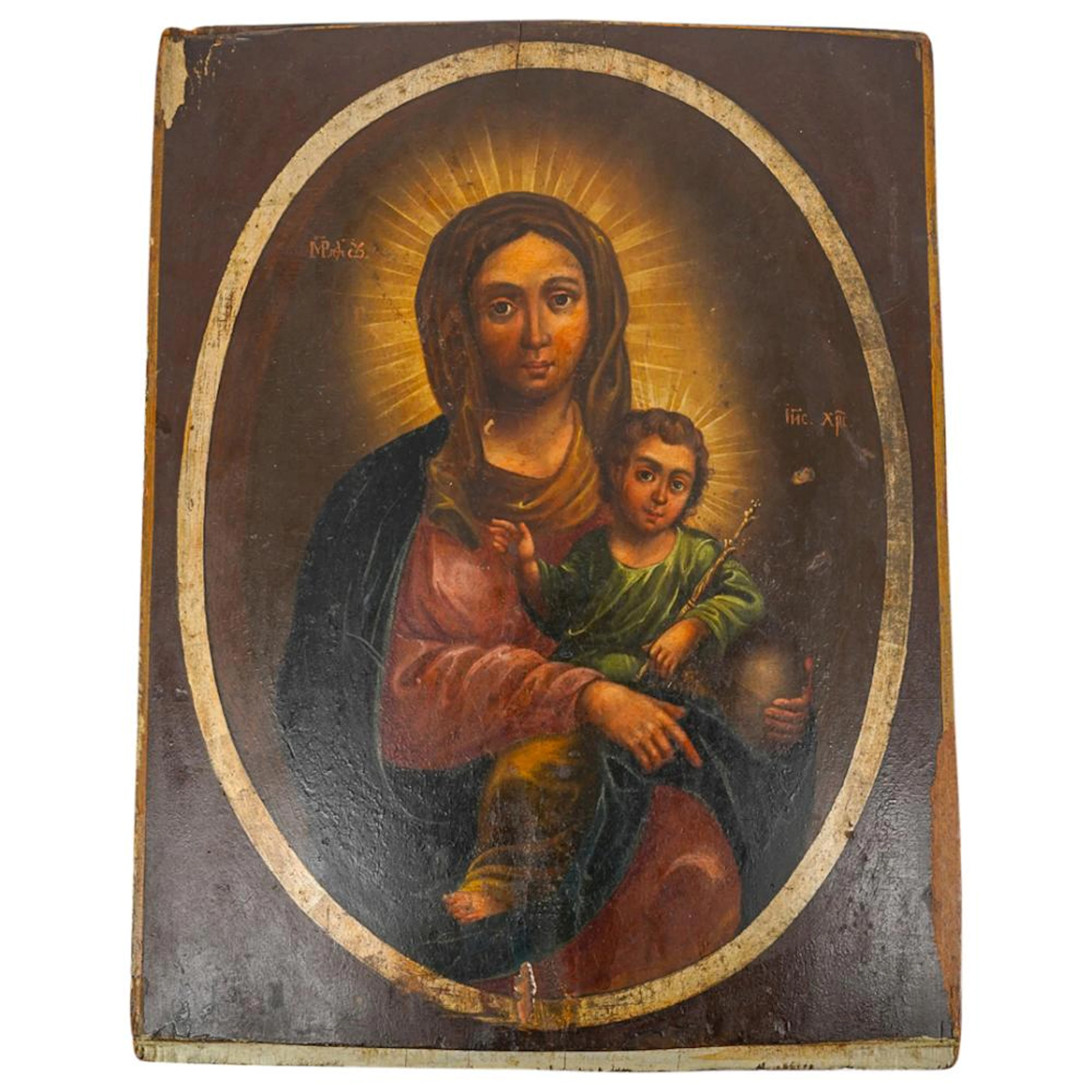 Antique Russian Orthodox Carved Wood Madonna And Child Ico