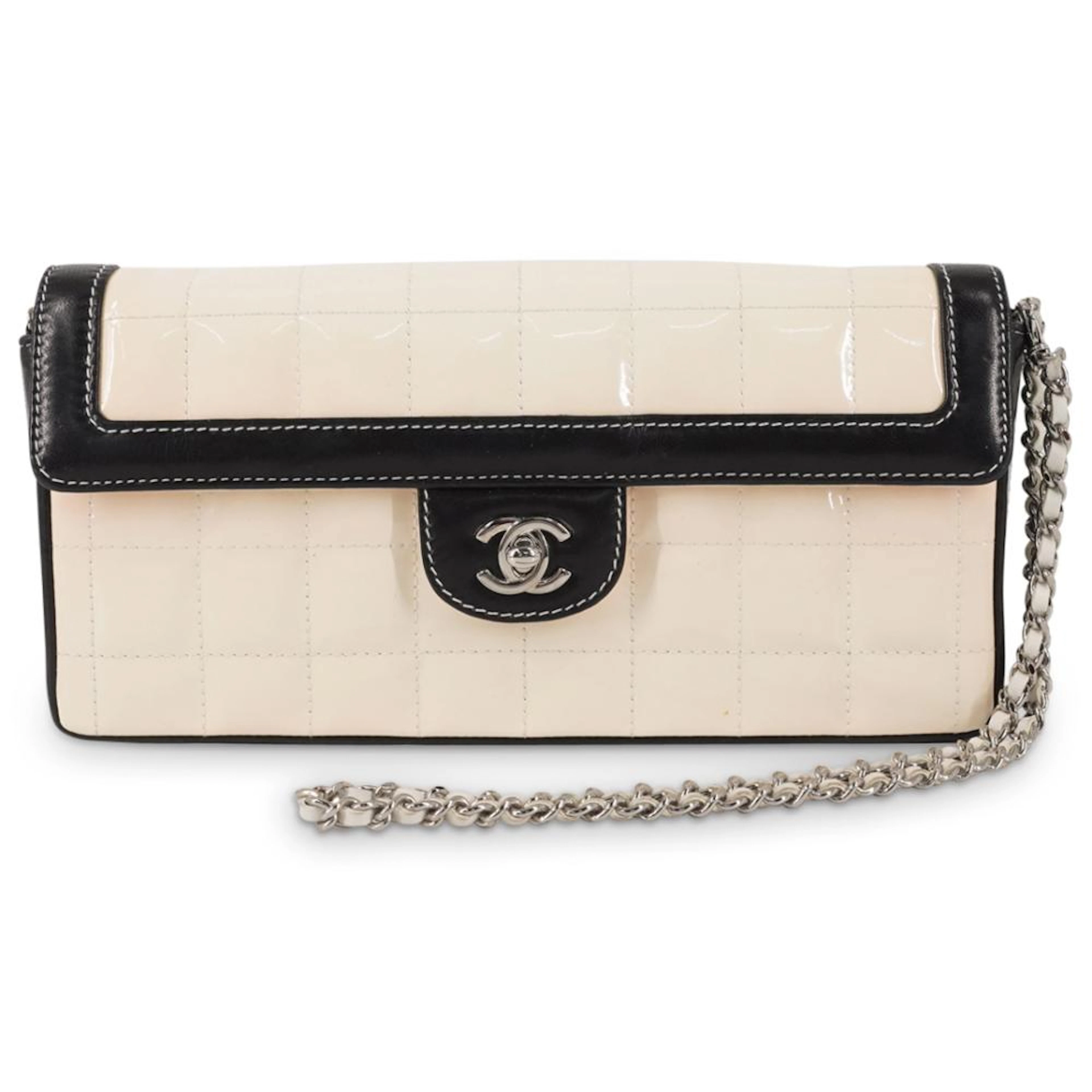 Chanel Beige/Black Bar Quilted Patent East West Flap Bag
