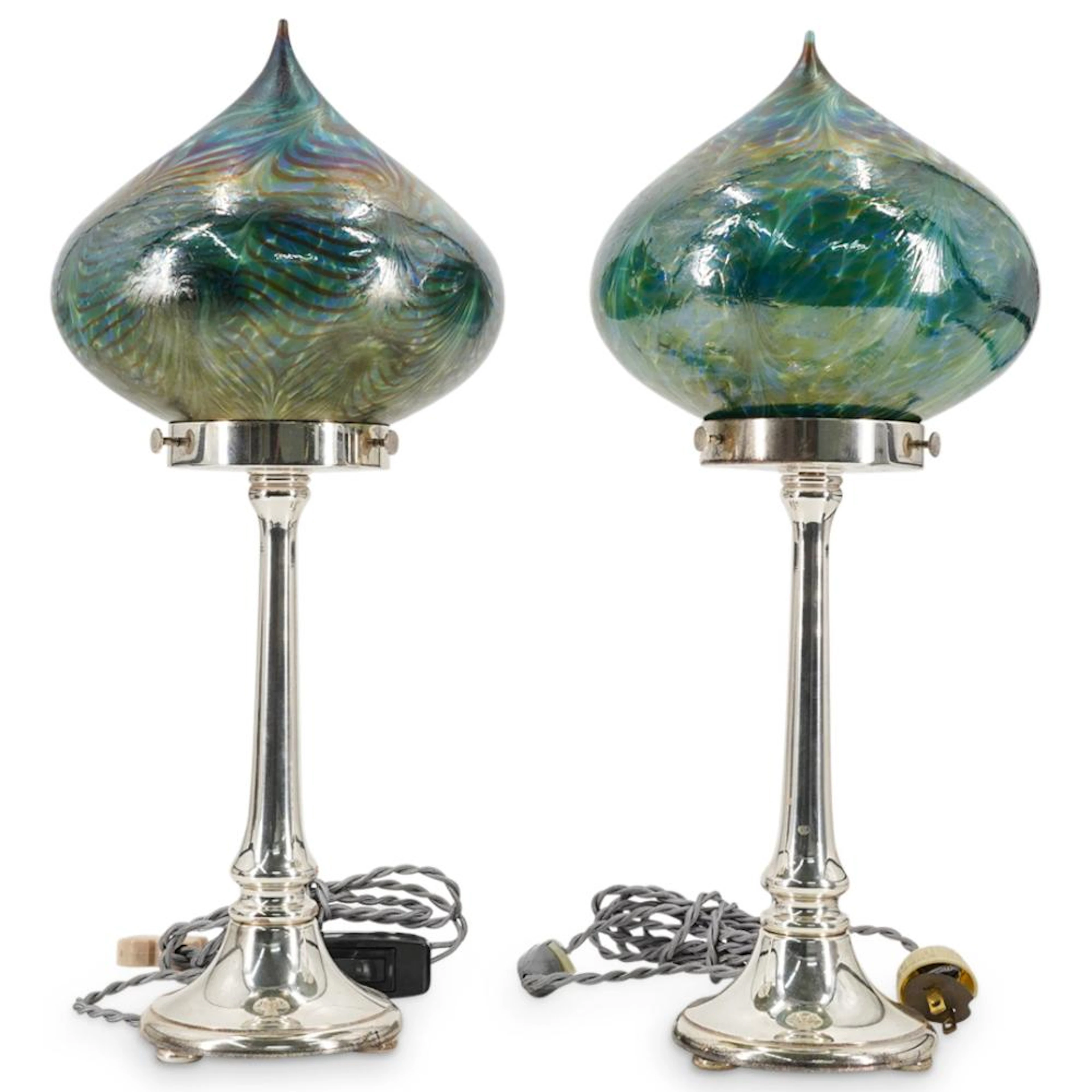 Pair Of Lundberg Studios Pulled Feather Glass Shaded Lamps