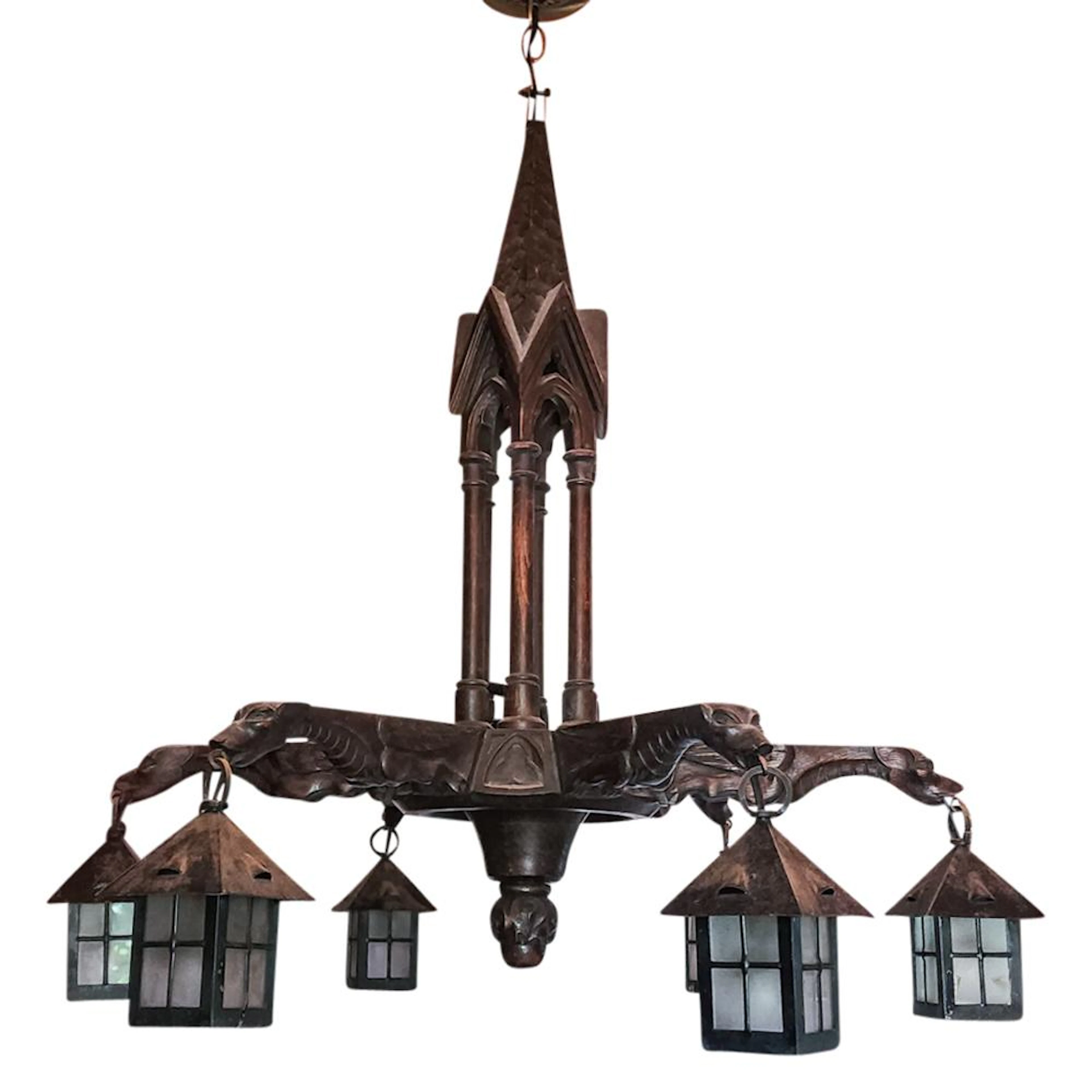 Gothic Revival Figural Wood Six Light Chandelier