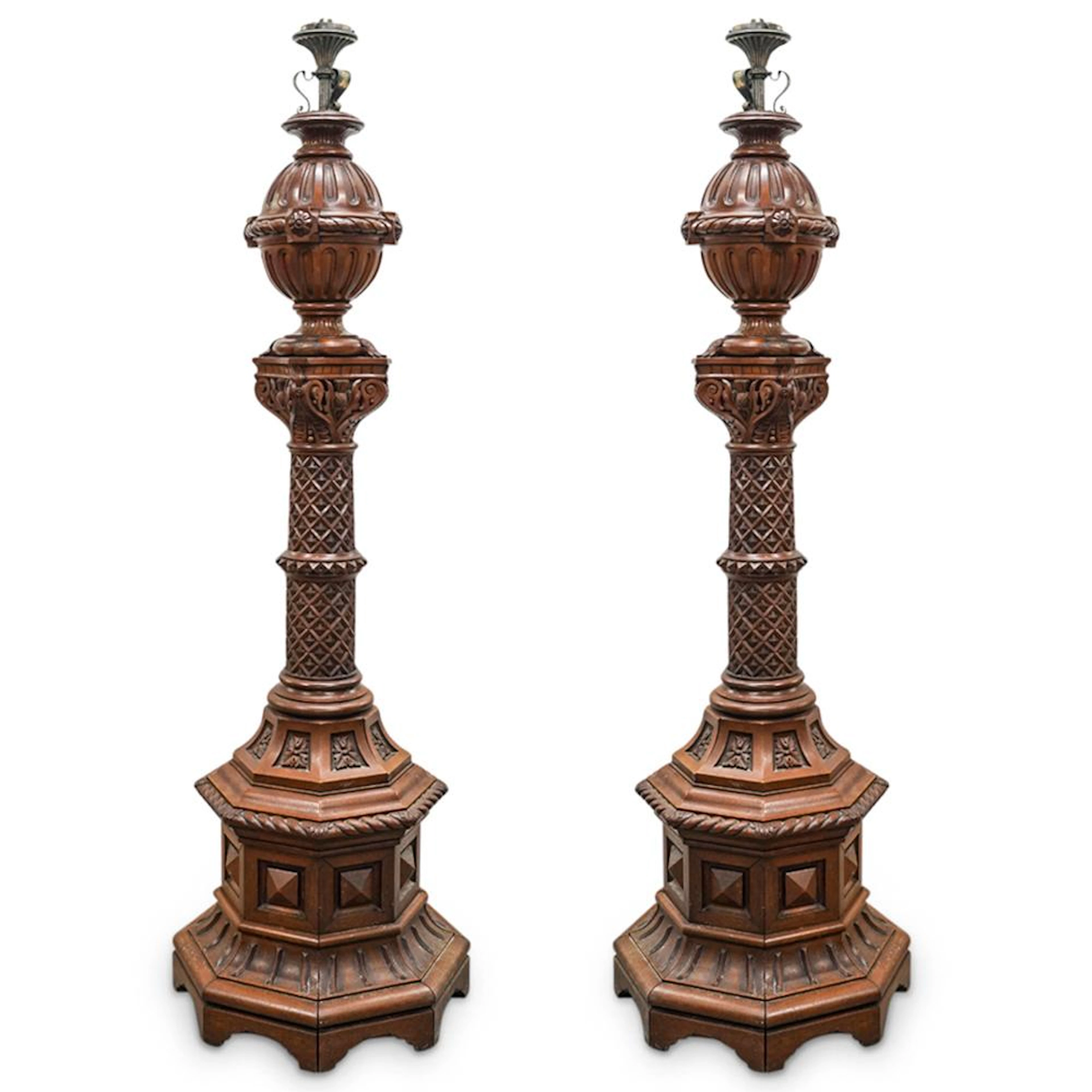 Pair Of 19th C. French Gothic Revival Carved Wood Floor Lamps