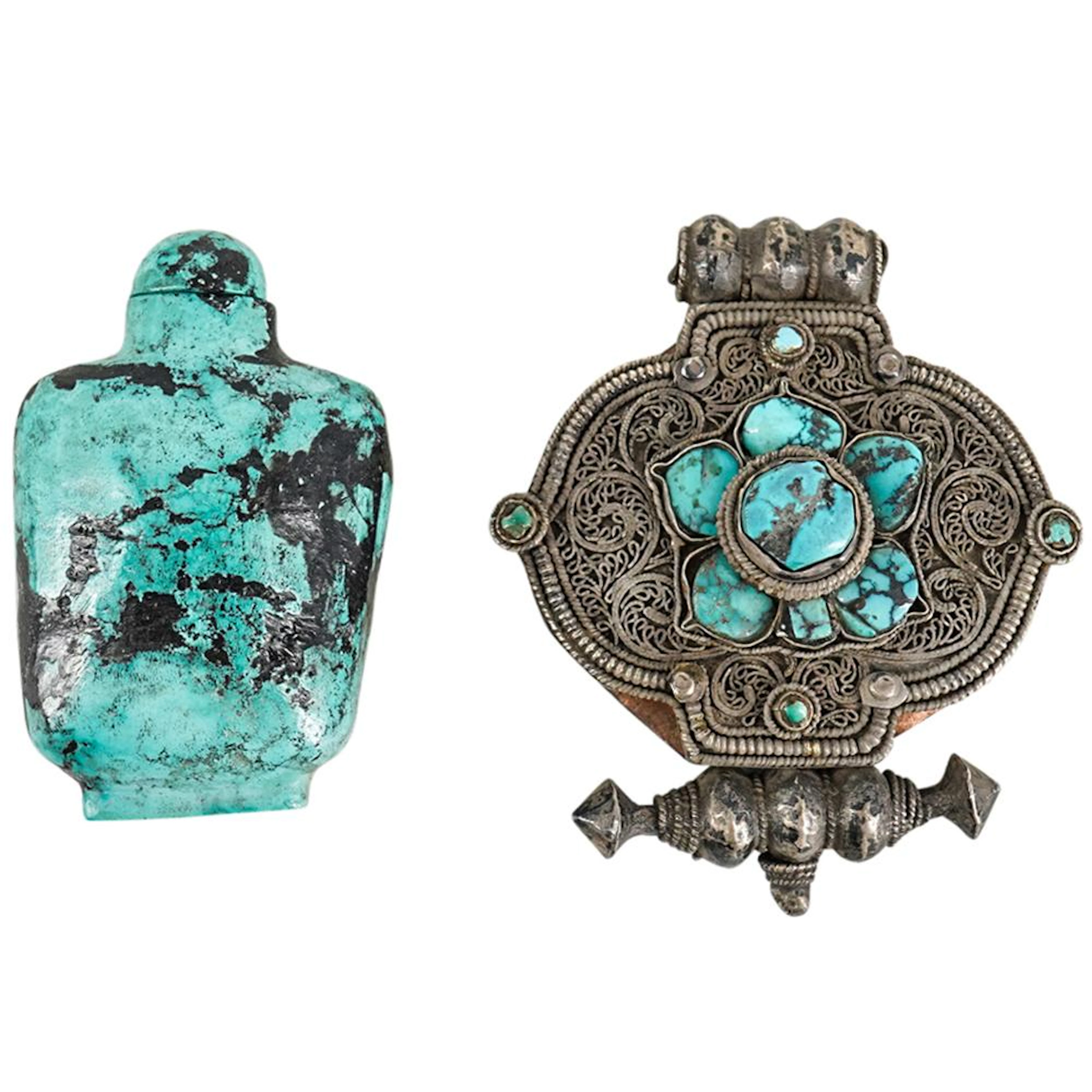 (2 Pc) Antique East Asian Turquoise Vessels