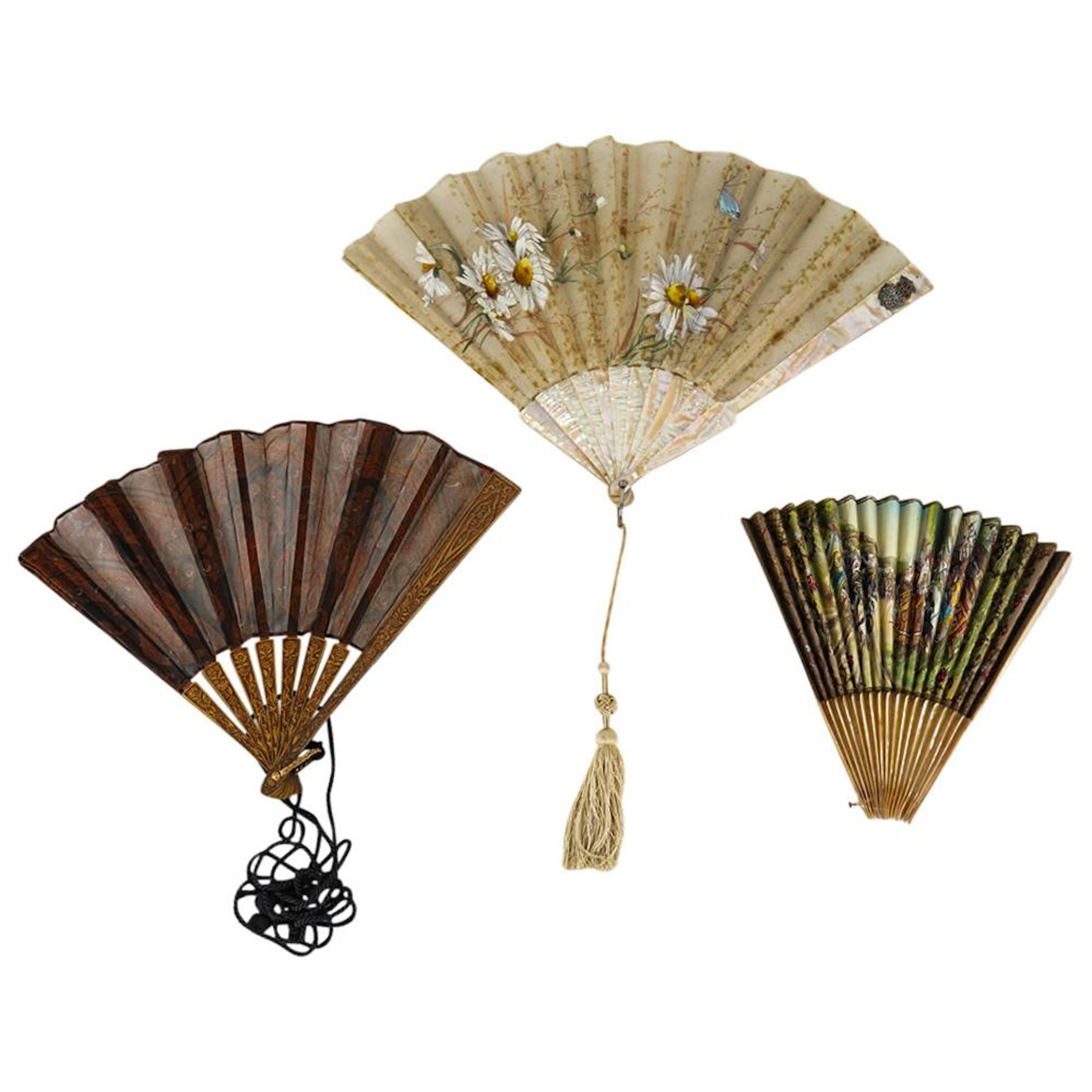 (3 Pc) Antique Hand Painted Fans Grouping Set