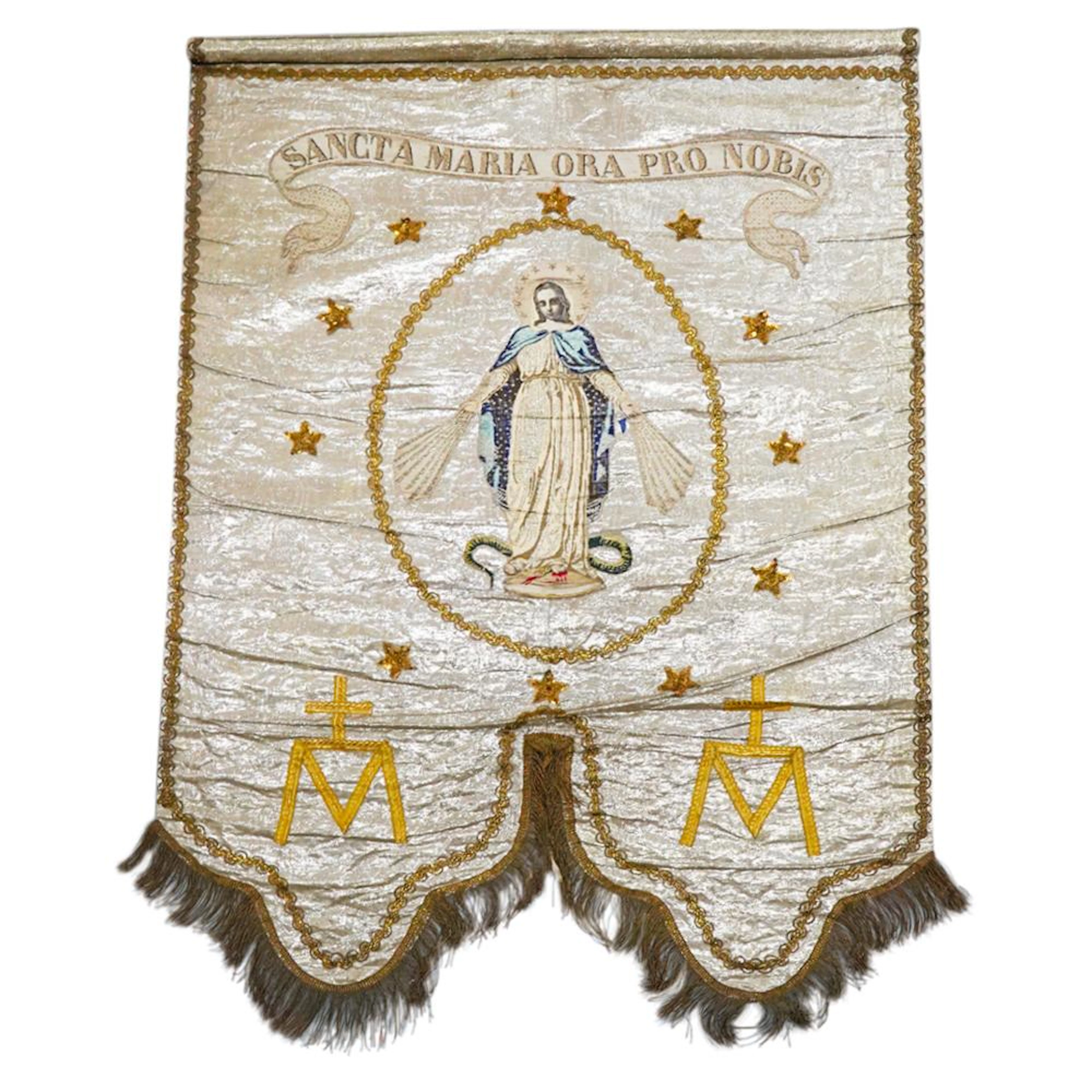 Antique Marian Religious Wall Hanging Tapestry