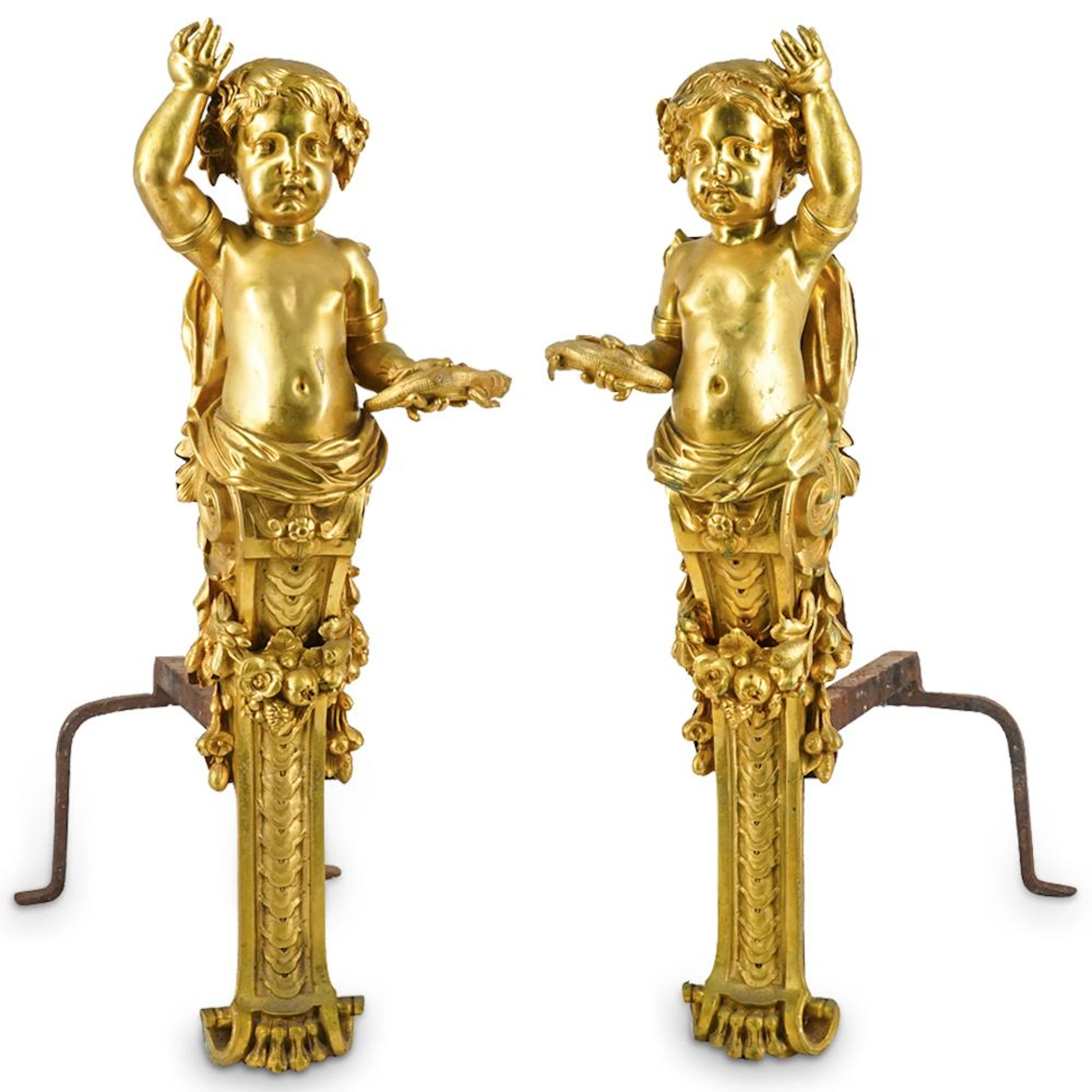 Pair Antique Gilt Bronze Putto With Lizard Andirons