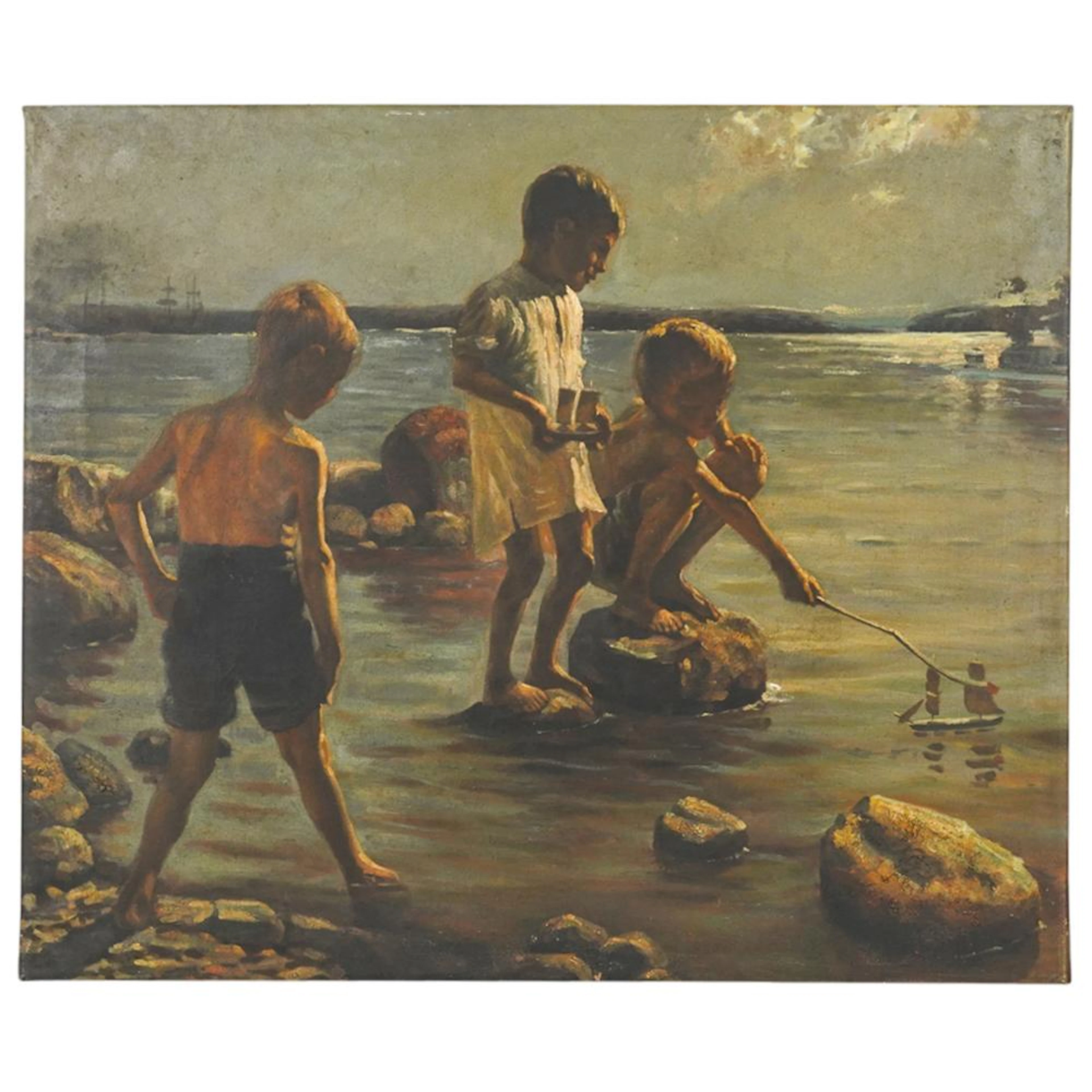 After A. Edelfelt "Boys Playing Upon the Shore" Oil Painting On Canvas