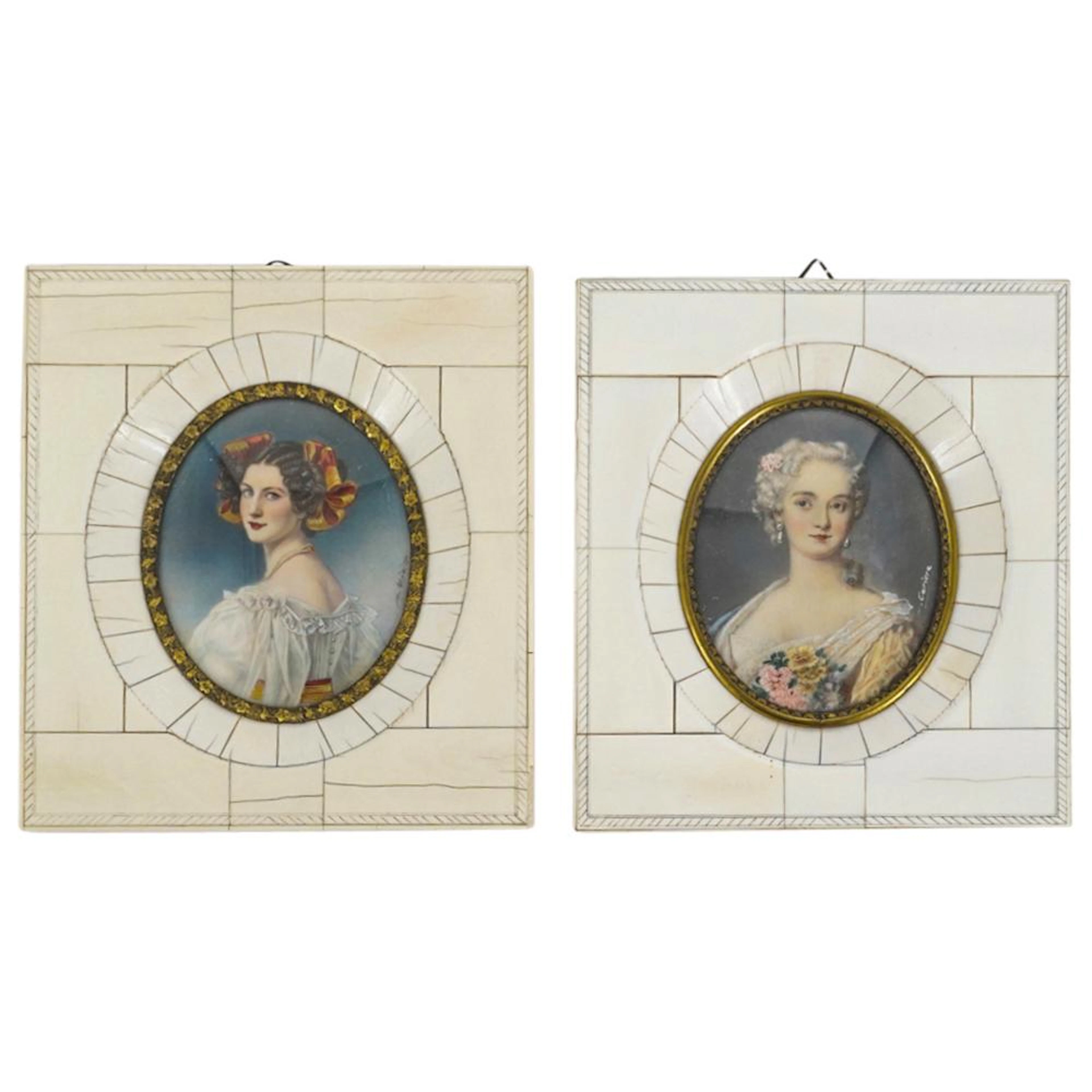 Pair Antique Miniature Portraits On Bone W/ Antique Bone Frames
