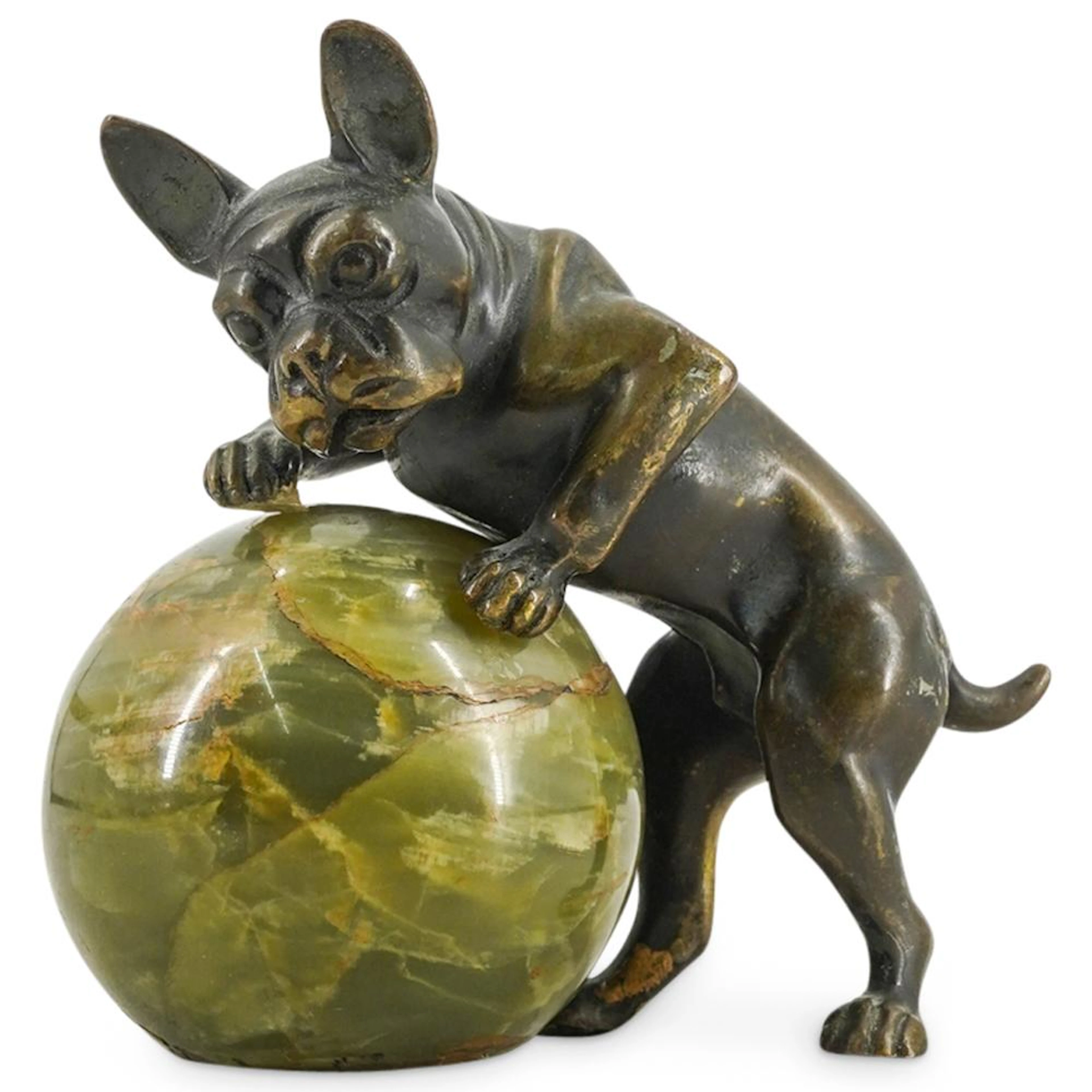 Bronze French Bulldog Sculpture W/ Onyx Ball