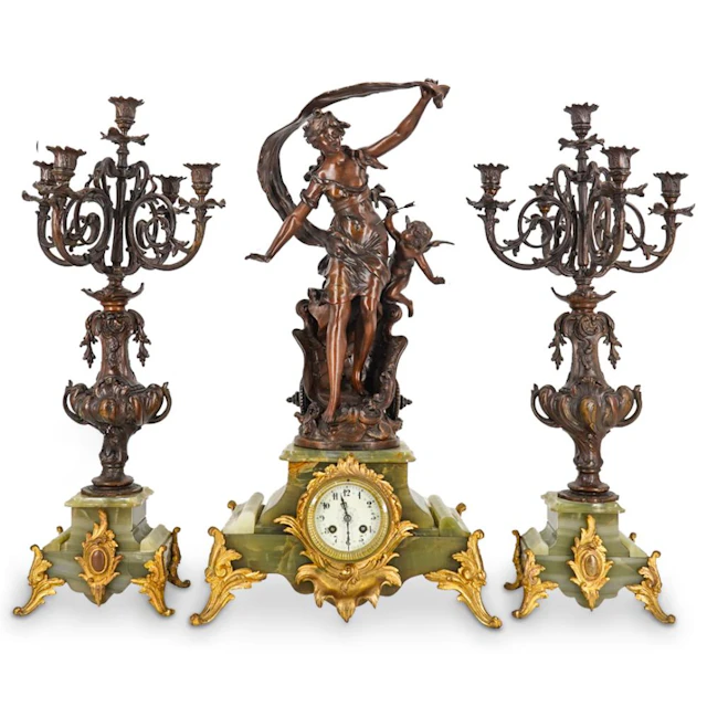 (3Pc) After Auguste Moreau French Dore & Onyx Clock & Garnitures