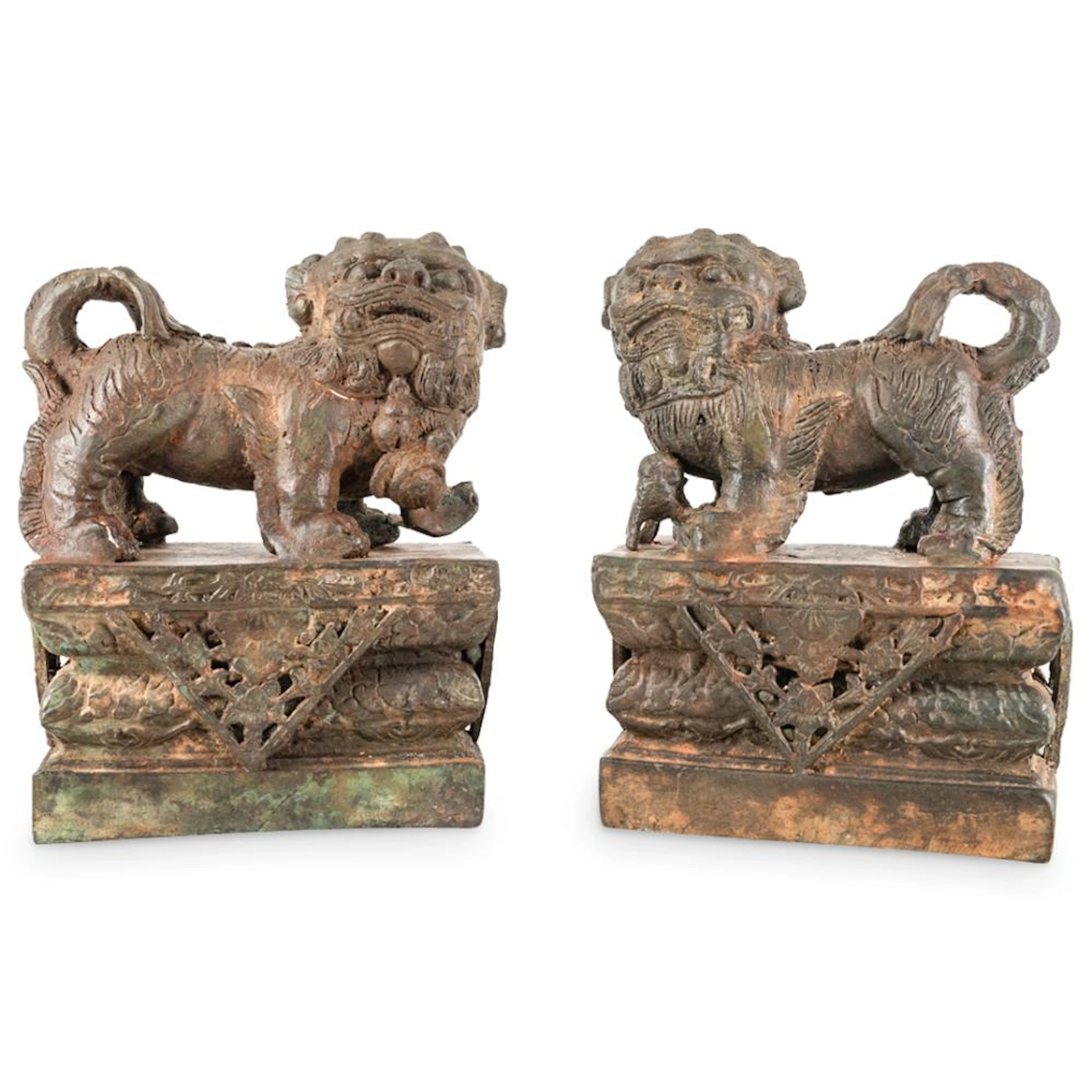 Pair Antique Mixed Metal Foo Dog Sculptures