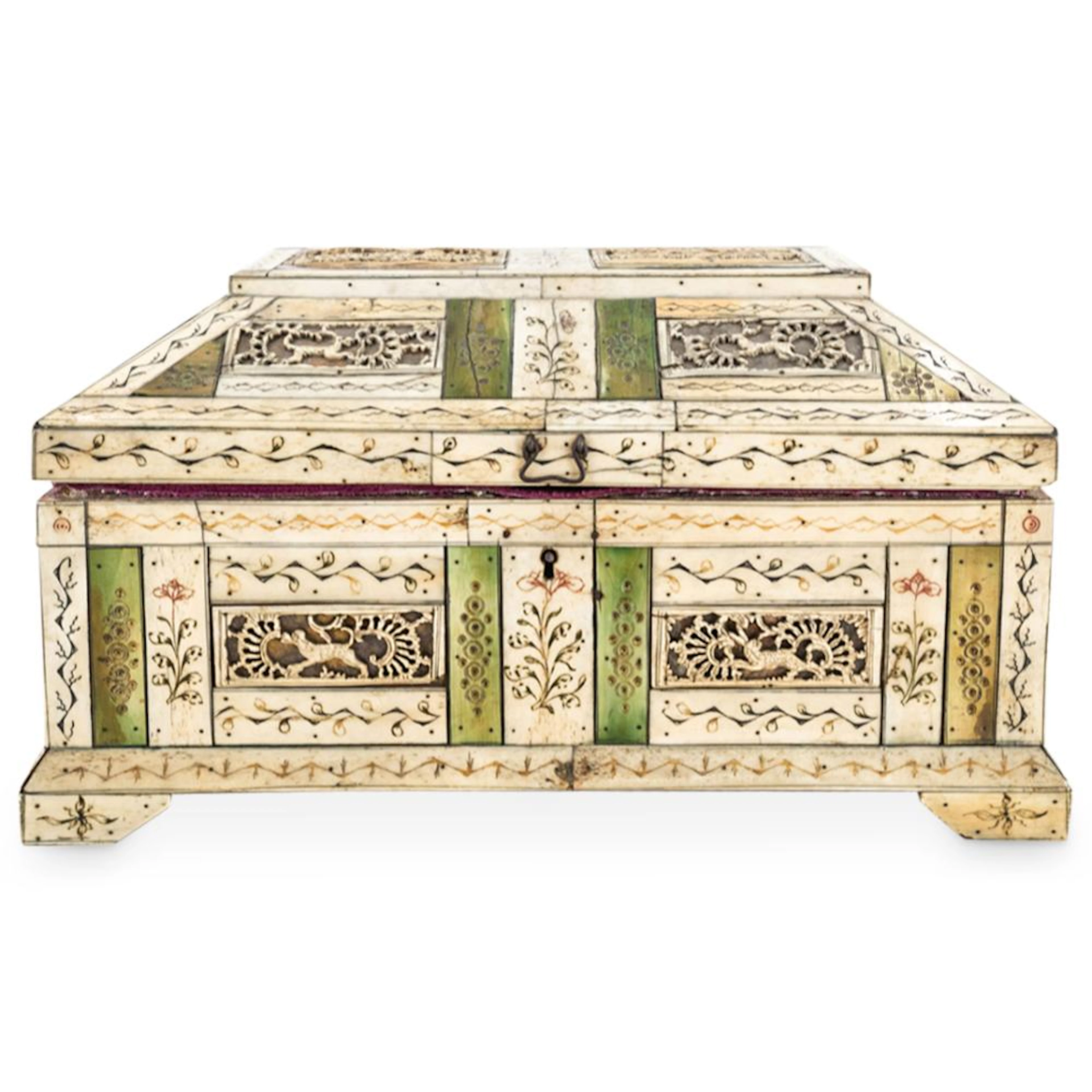 Antique Indo Persian Velvet Lined, Carved Bone / Horn Vanity Box