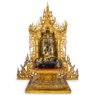 Burmese Gilt Carved Wood Sculpture & Throne