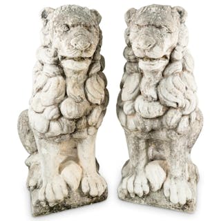 (2 Pc) Cast Stone Foo Dog Lions Sculptures