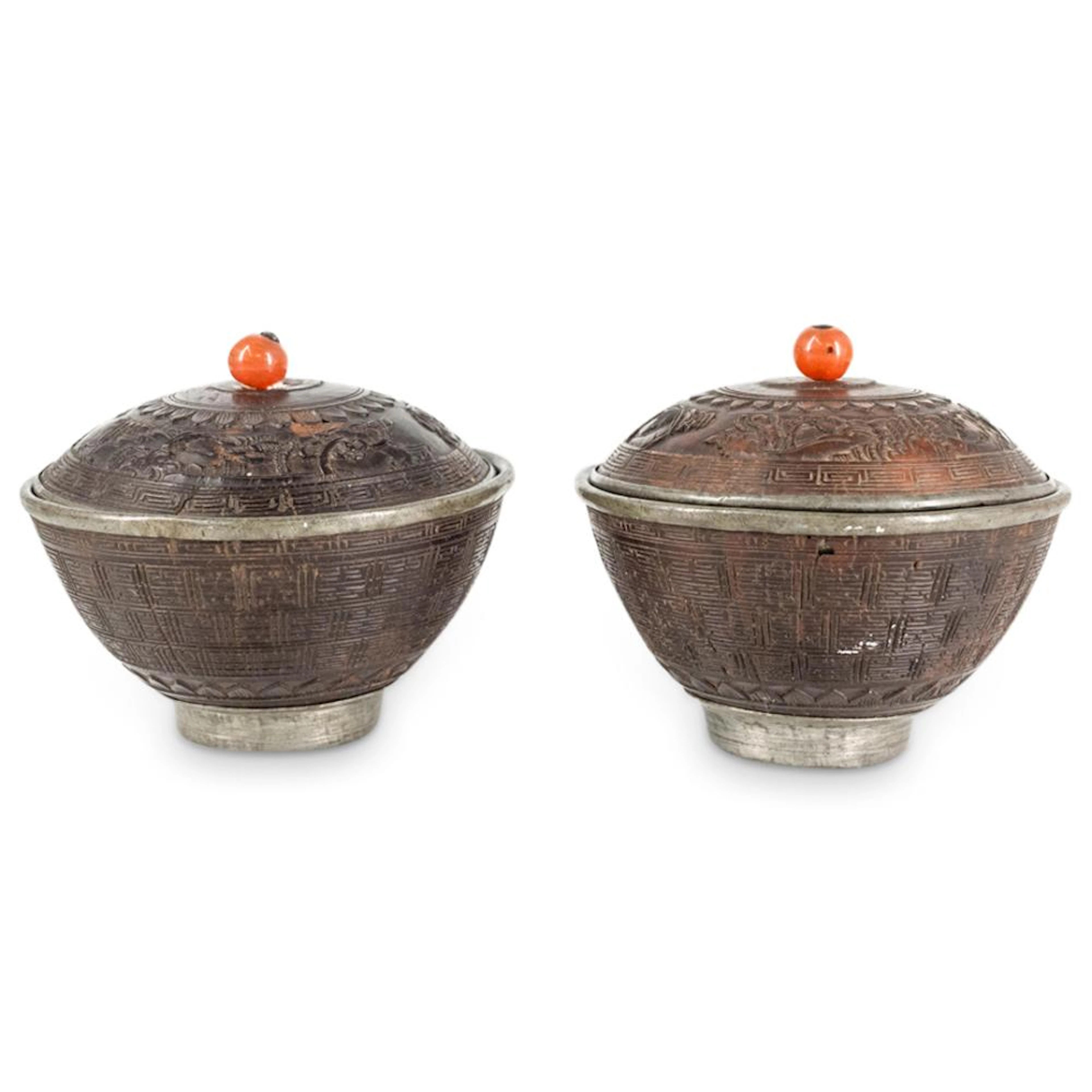 Pair Of Chinese Lidded Coconut Rice Bowls