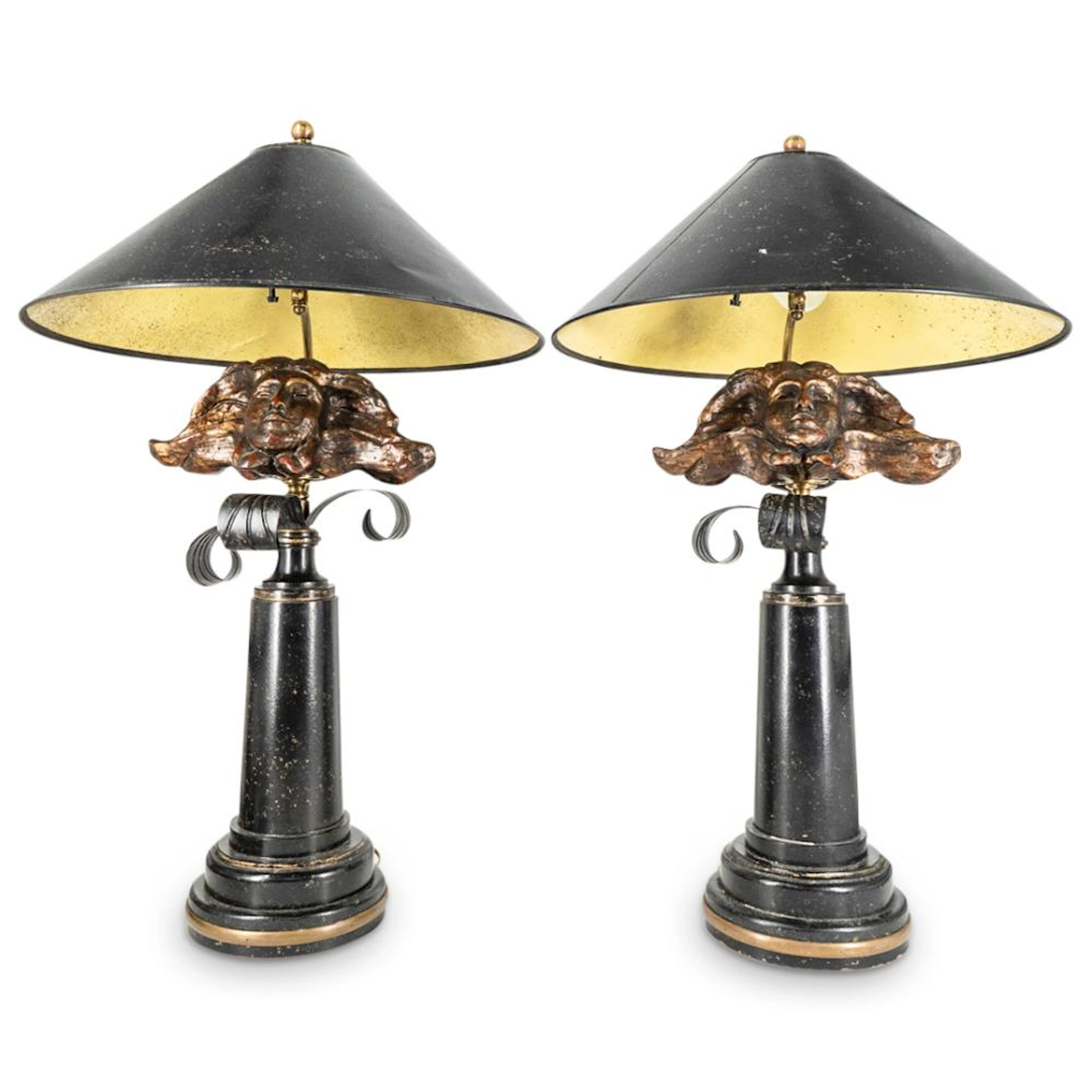 (2 Pc) Vintage Versace Style Mask Table Lamps