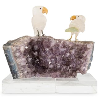 Amethyst Crystal Geode Parrots Sculpture