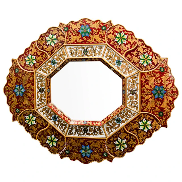Antique Peruvian Cuzcajo Reverse-Painted Glass Mirror