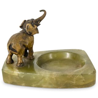 Vintage Austrian Elephant Bronze & Onyx Ashtray