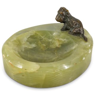 Austrian Bronze Dog W/ Green Onyx Sculptural Vanity Tray