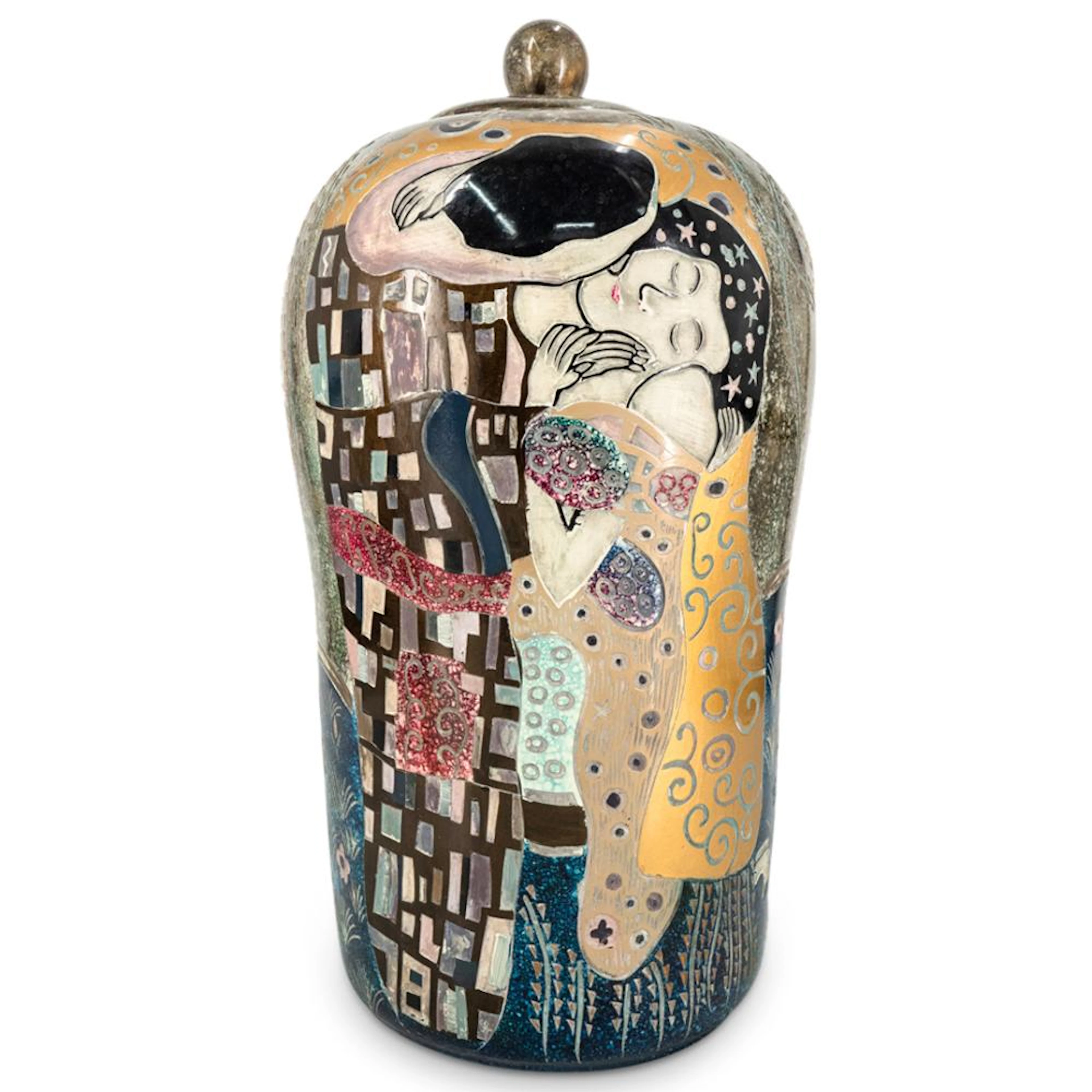 Large Porcelain Lidded Urn Vase After "The Kiss" By Gustav Klimt