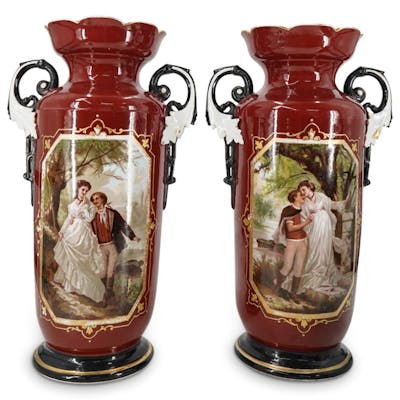 Pair Of Antique Porcelain Courting Lovers Vases