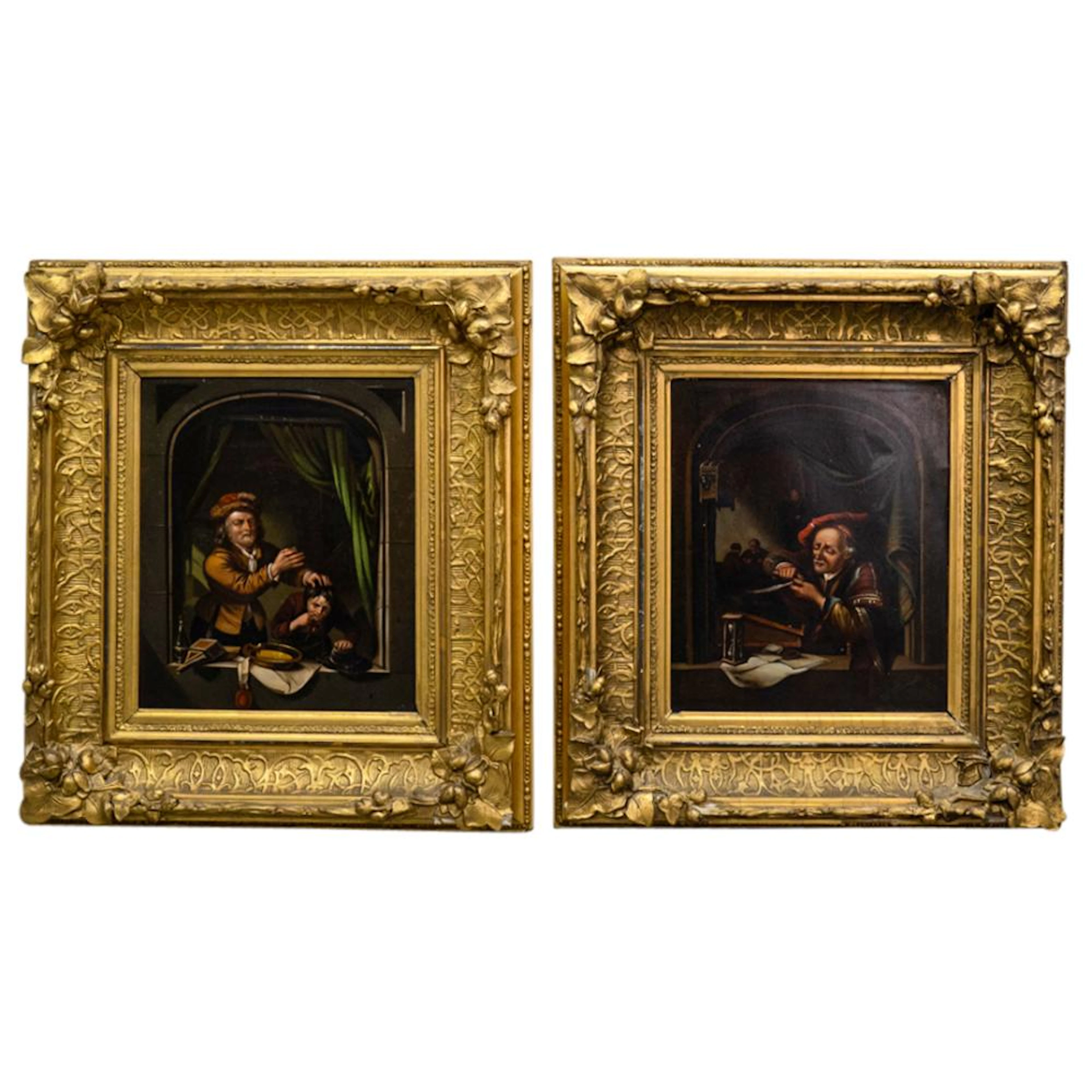 Pair Antique After Gerrit Dou Dentist & Scholar Oils On Panels