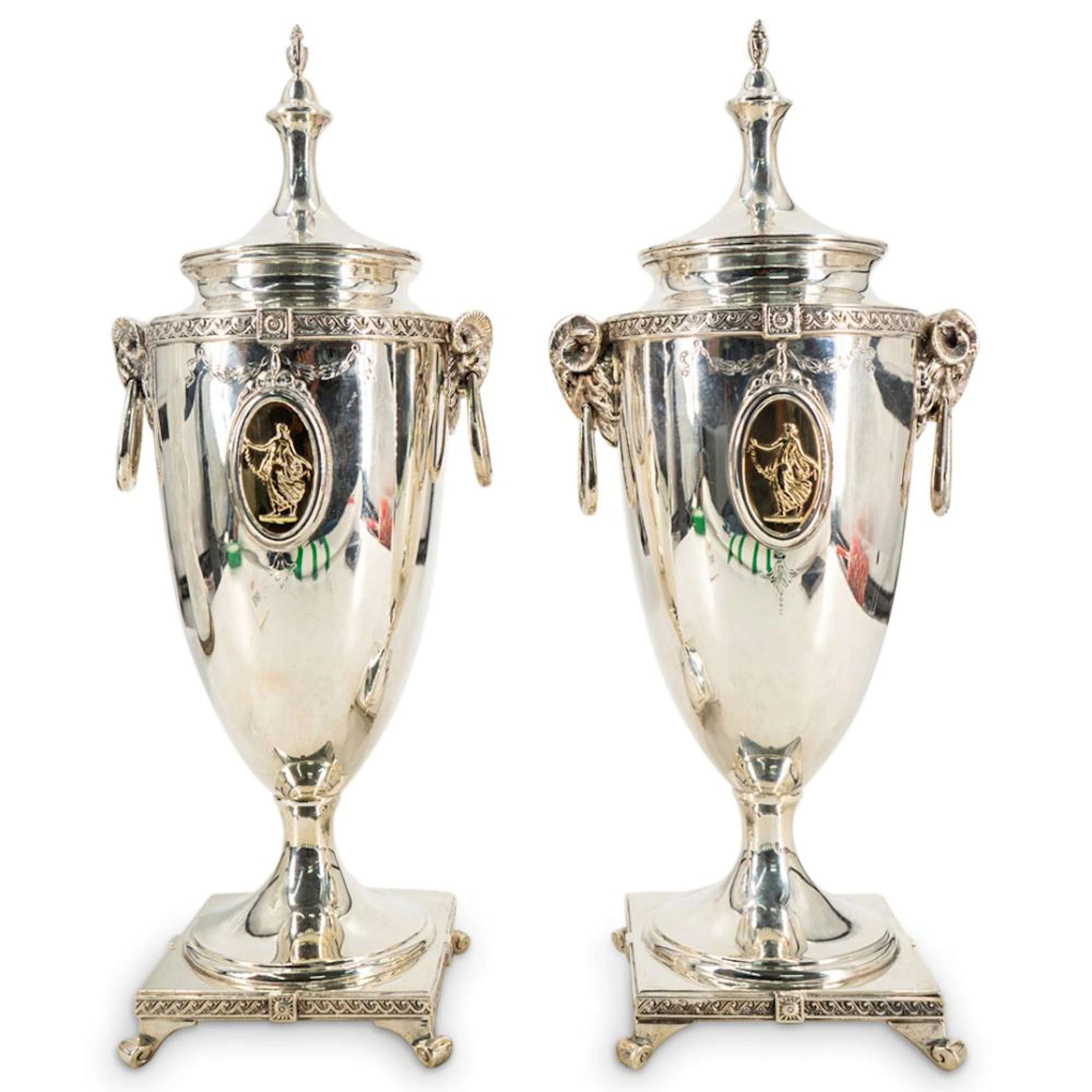 Pair Of Mt. Vernon Sterling Silver Lidded Urns