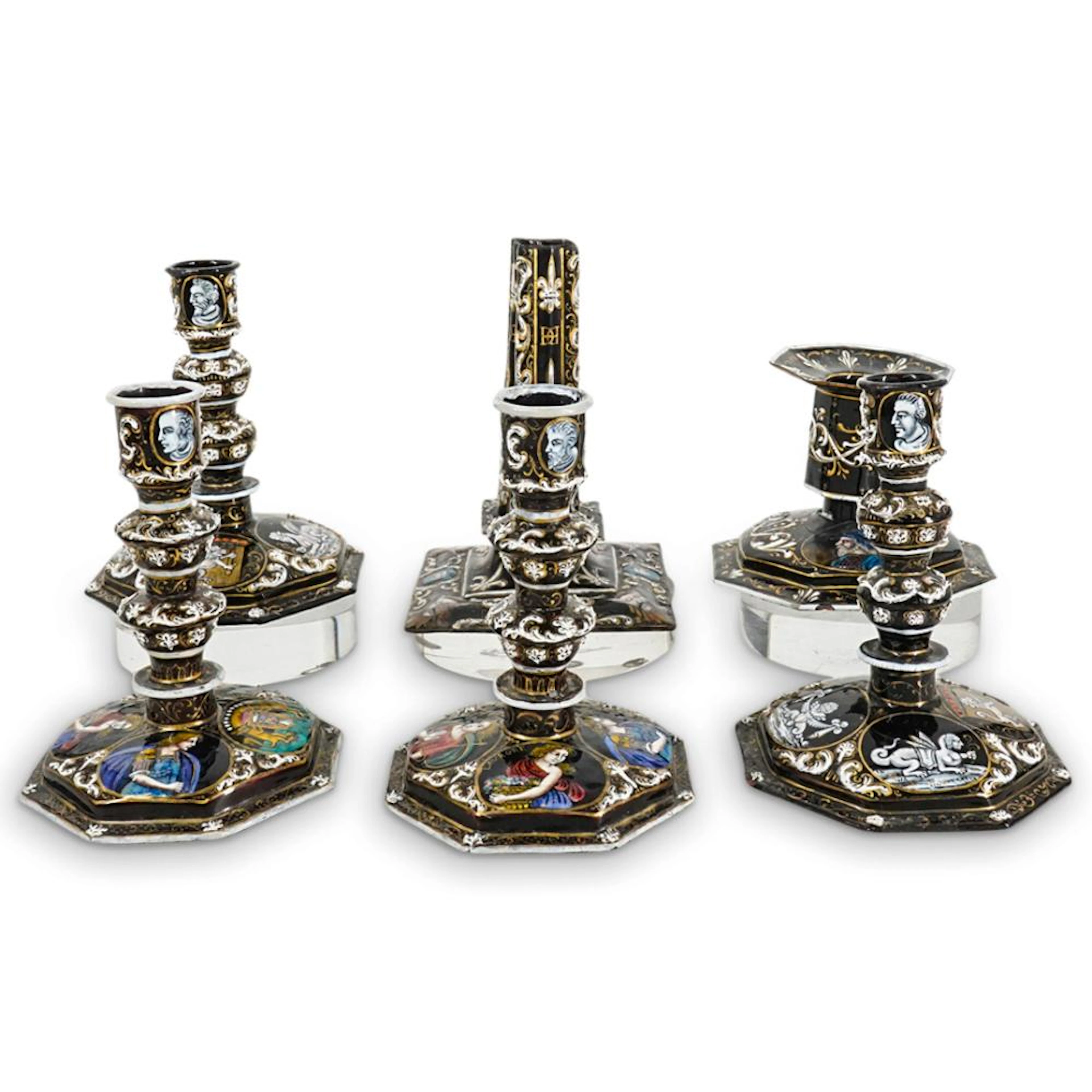 (6 Pc) Antique Limoges Renaissance Style Enameled Copper Candlesticks