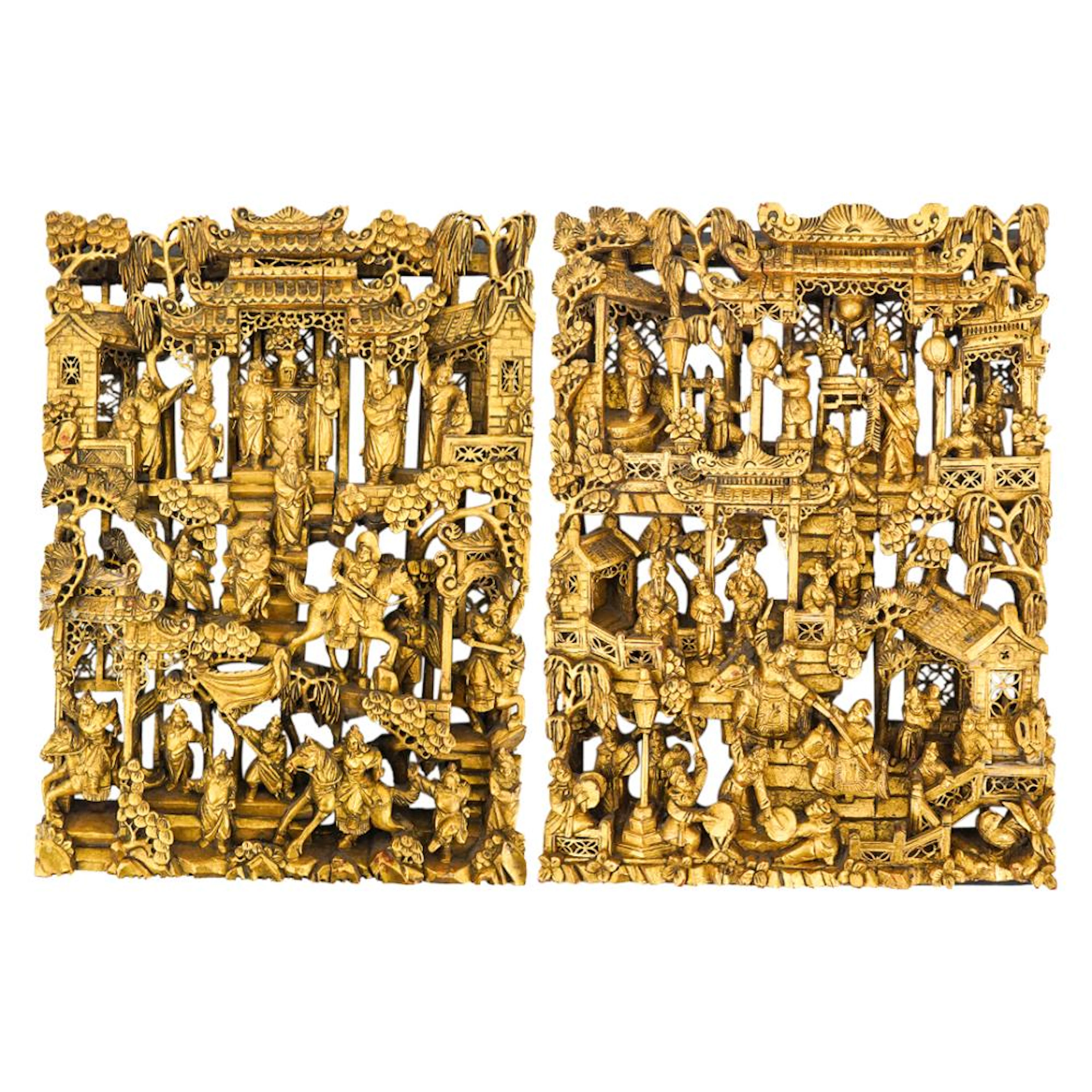 Pair of Chinese Gilt Carved Wood Plaques