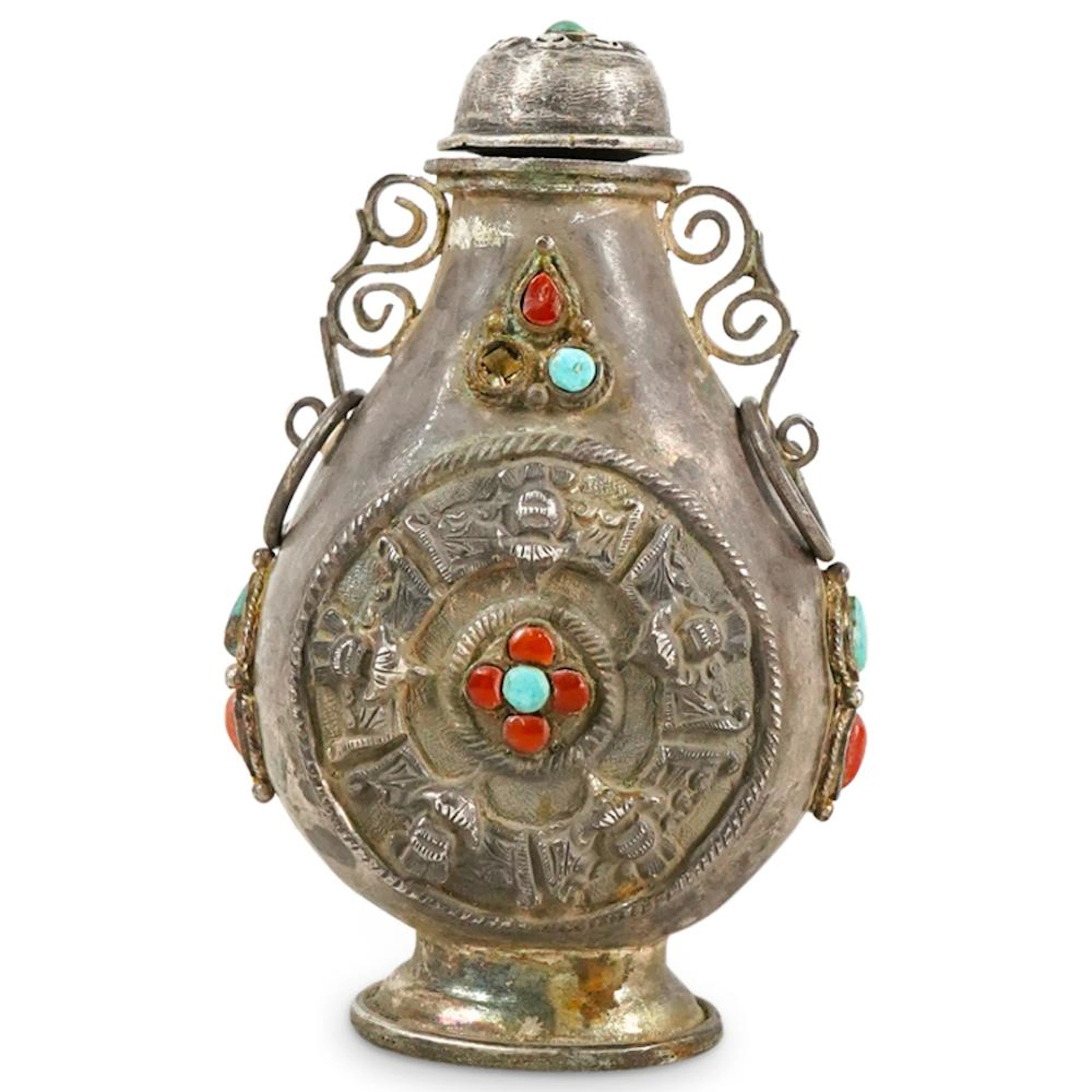 Antique Mongolian Bat Silver, Coral, & Turquoise Snuff Bottle