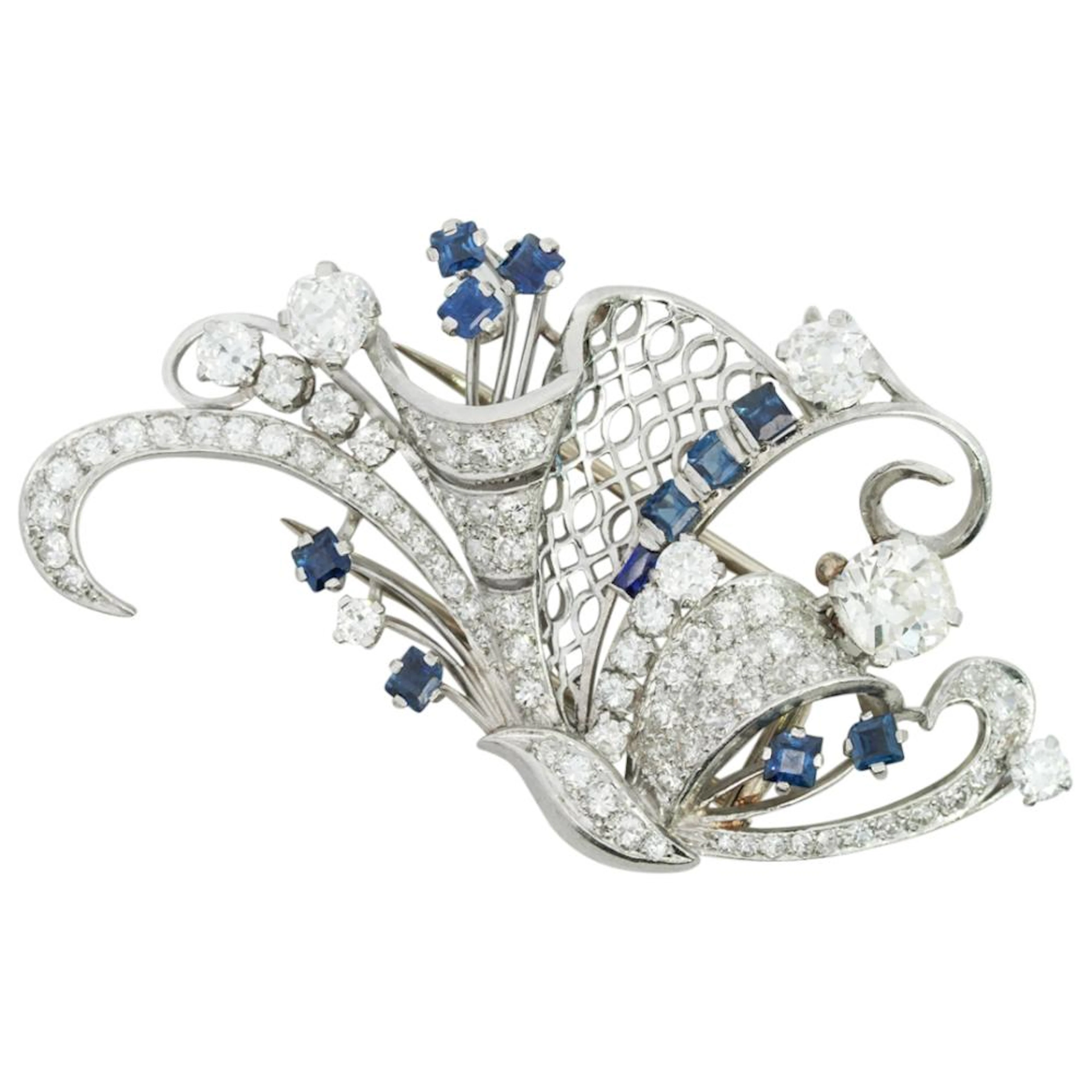 Art Deco French Platinum Diamond and Sapphire Brooch