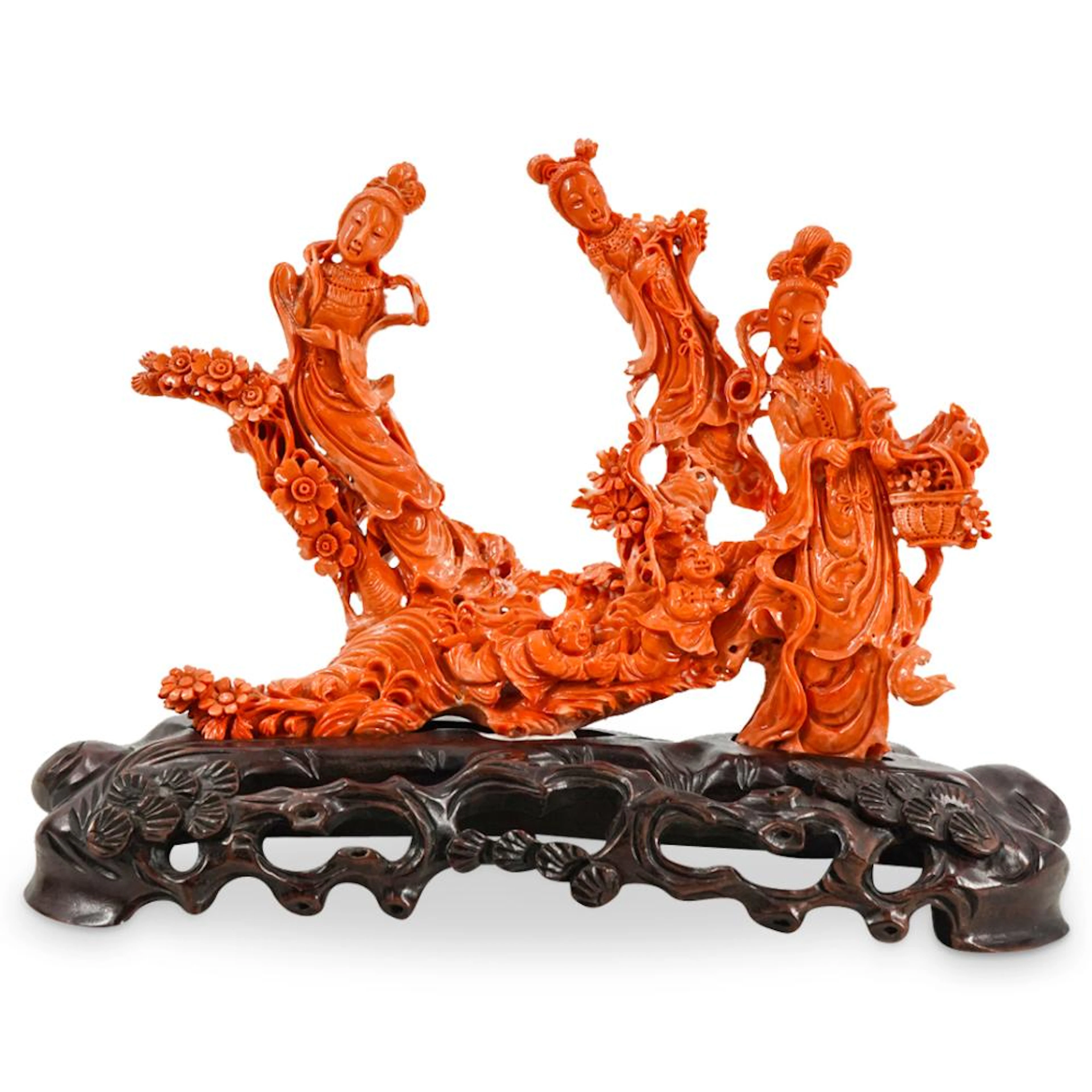 Chinese Carved Red Coral Guanyin Sculpture