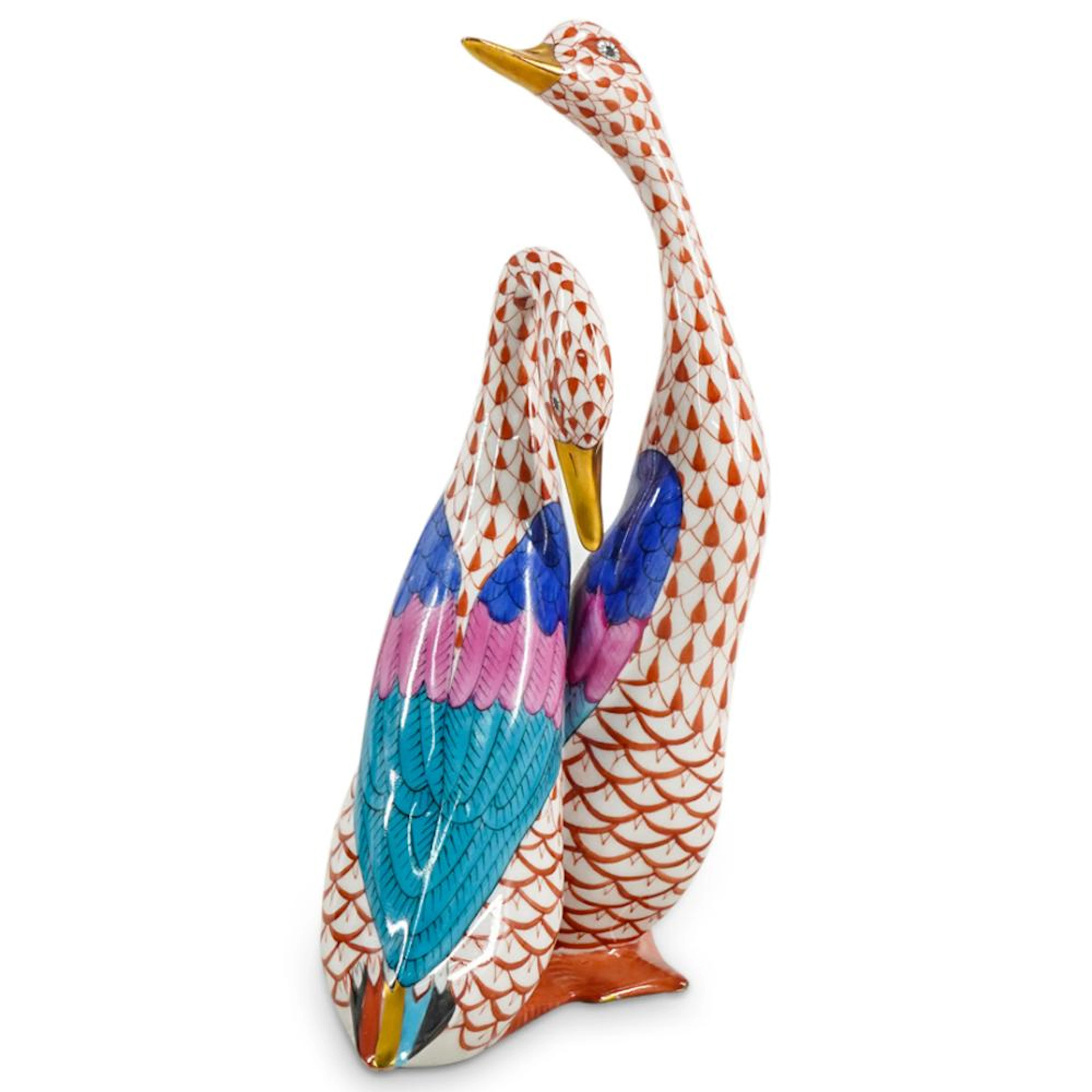 Herend Porcelain "Pair Of Geese" Rust Fishnet Figurine
