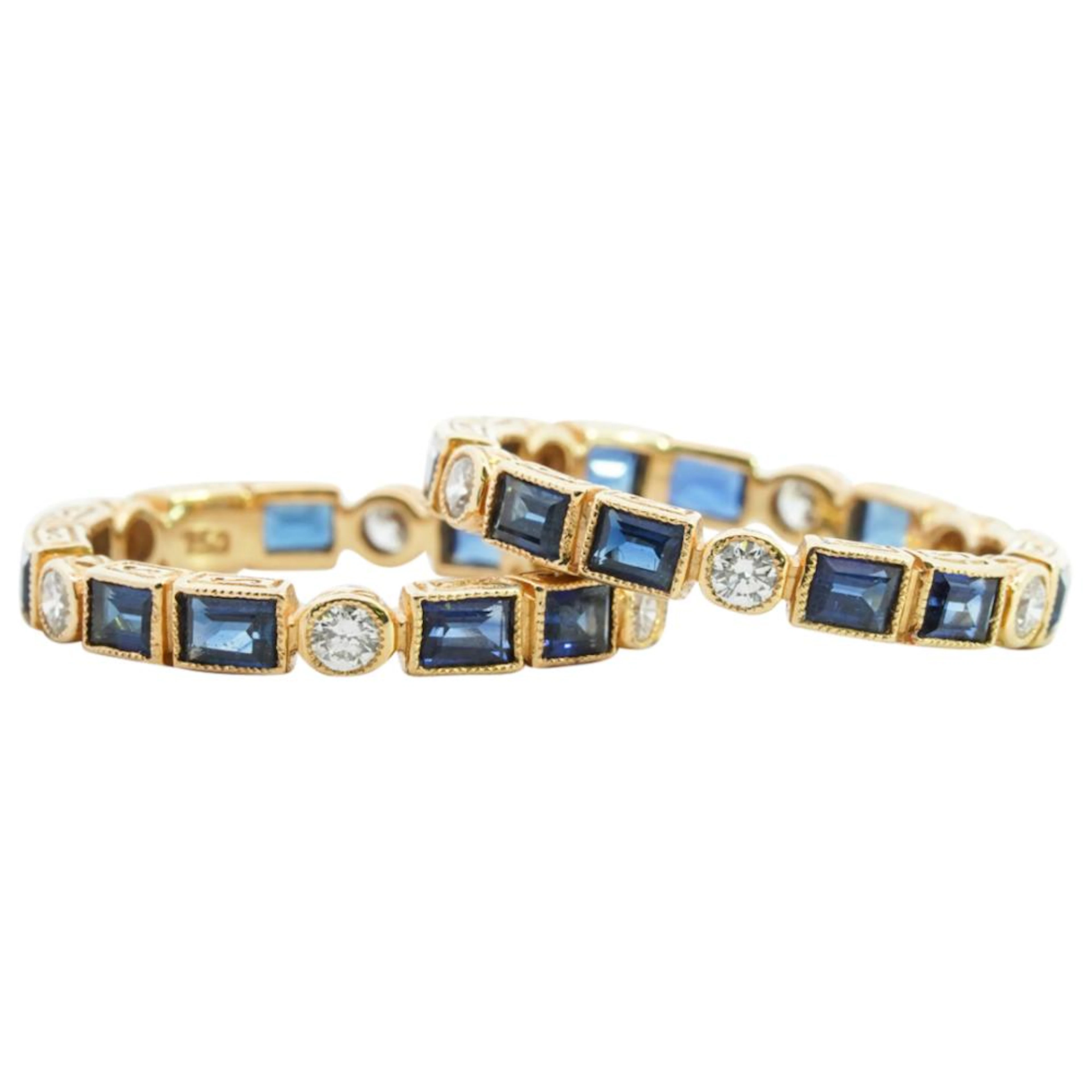 (2 Pc) 18k Gold, Diamond and Sapphire Stackable Eternity Rings