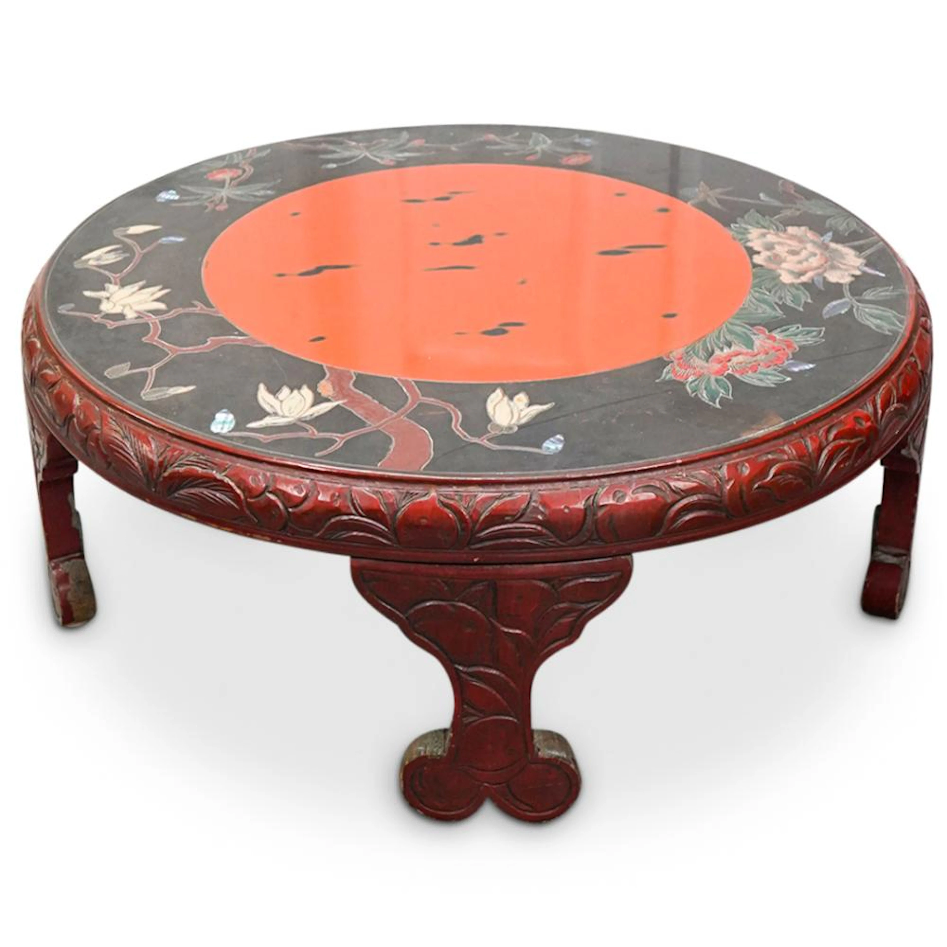 Vintage Chinese Lacquered Carved Wood Round Table