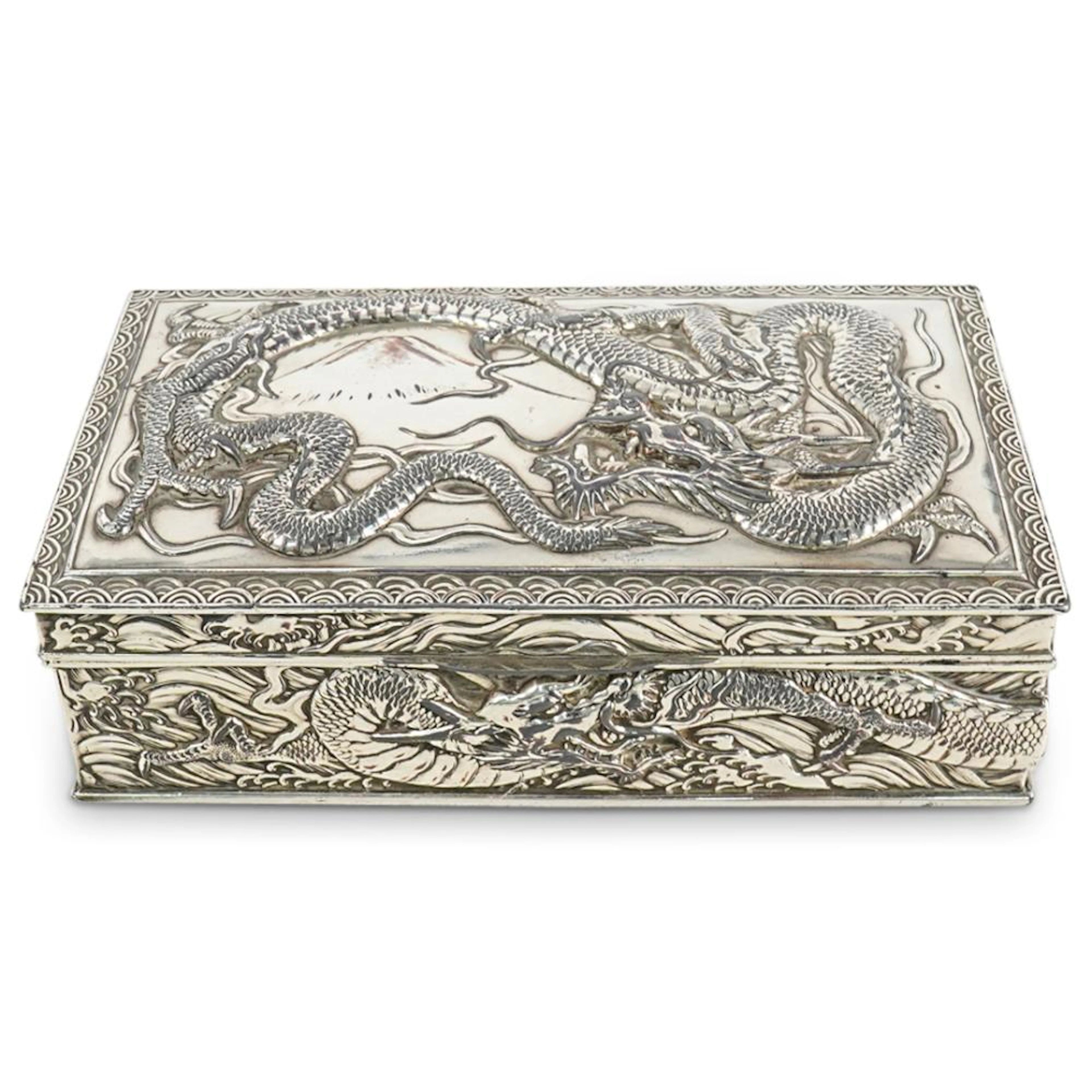 Antique Chinese Silver Plated Repousse Dragon Box