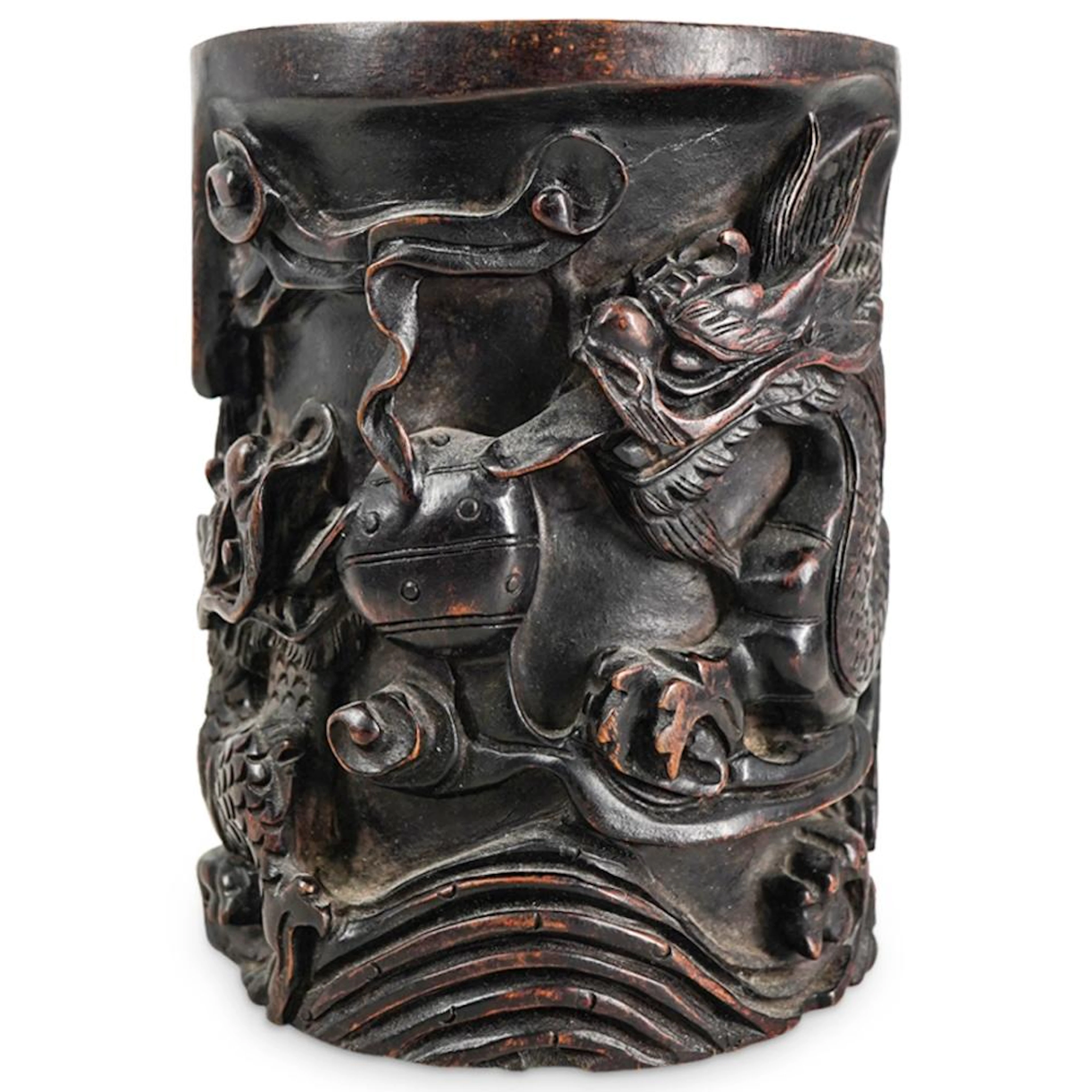 Antique Chinese Carved Wood Dragon Relief Brush Pot