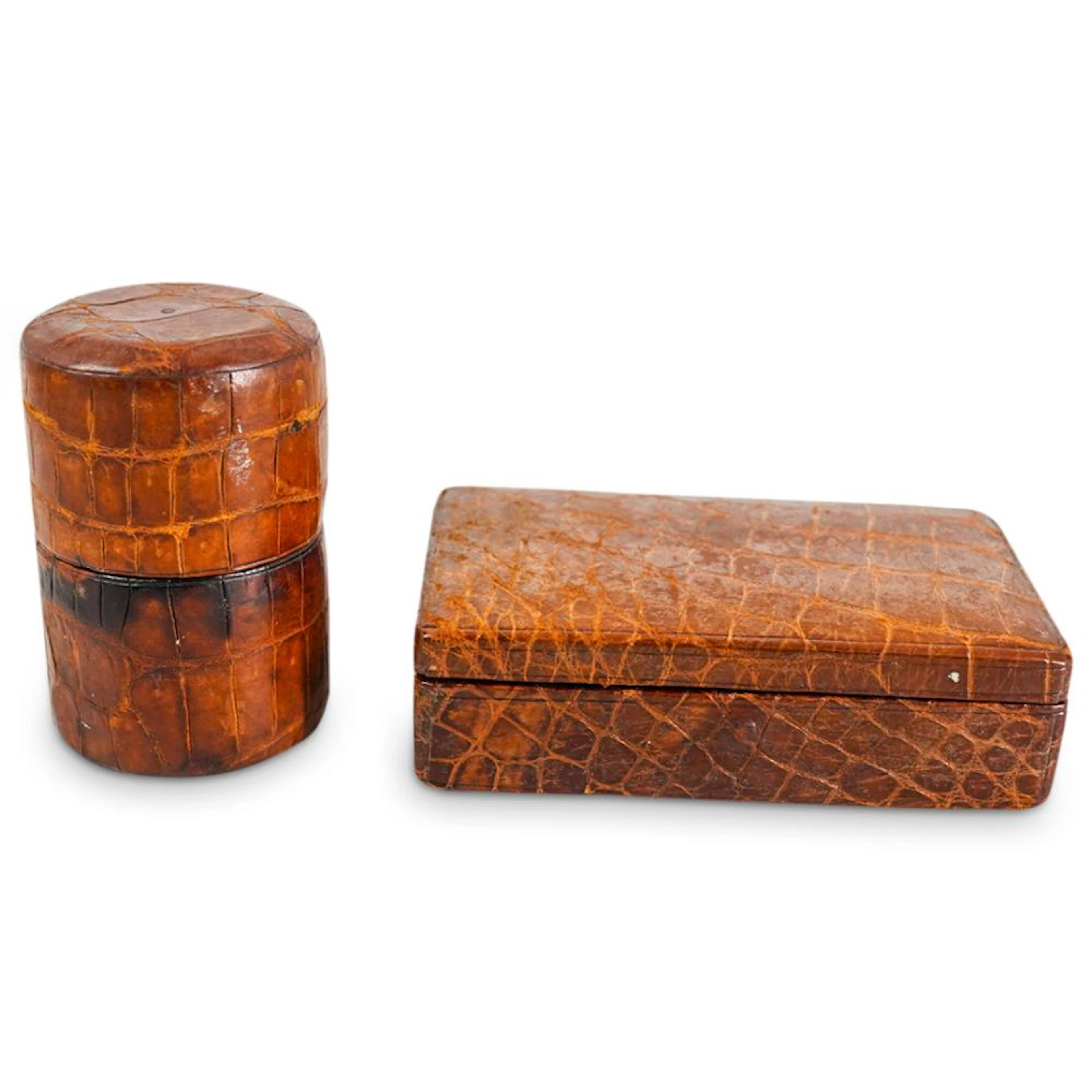 (2 Pc) Antique Crocodile Leather Box & Dice Cup