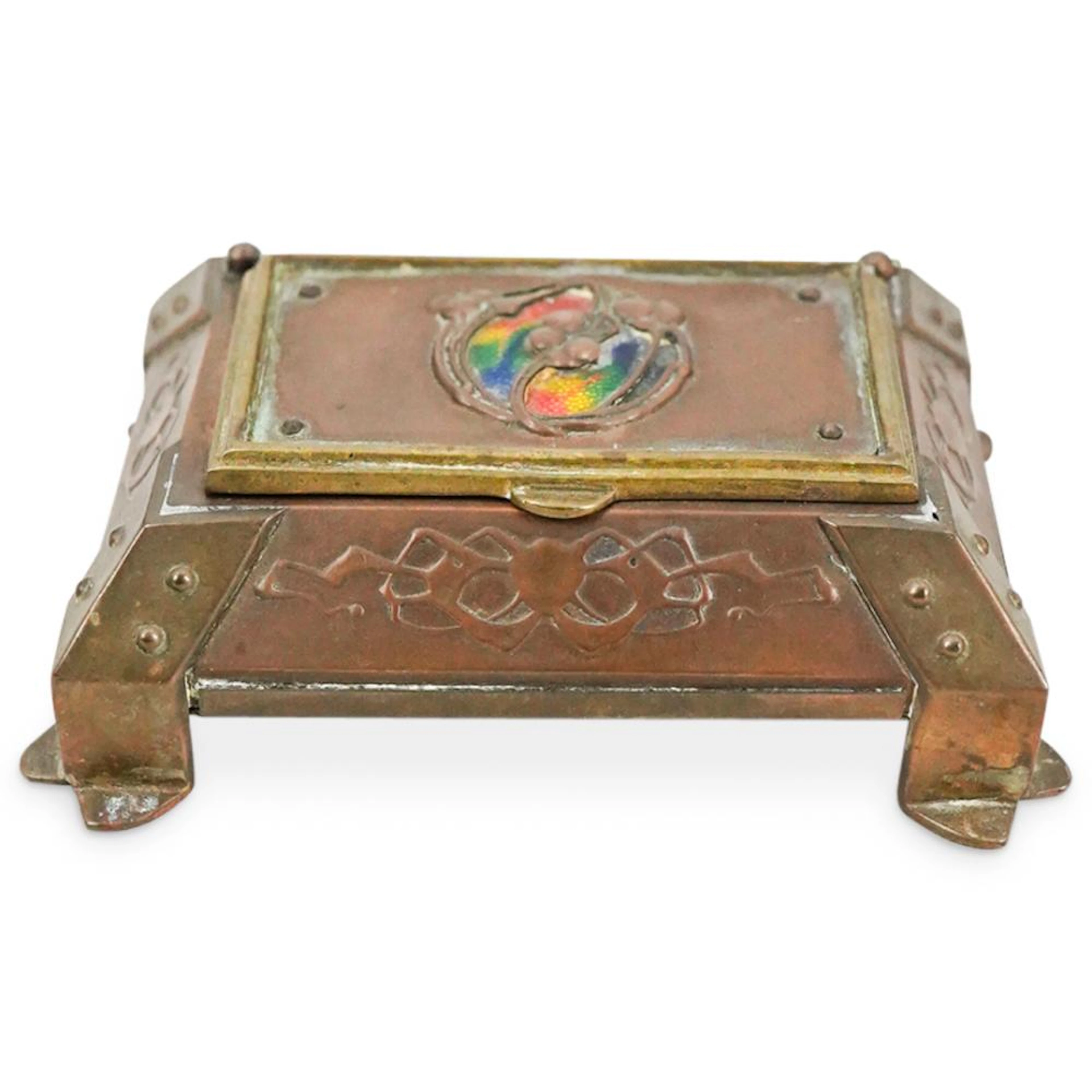 Antique Arts & Crafts Copper & Enamel Stamp Box