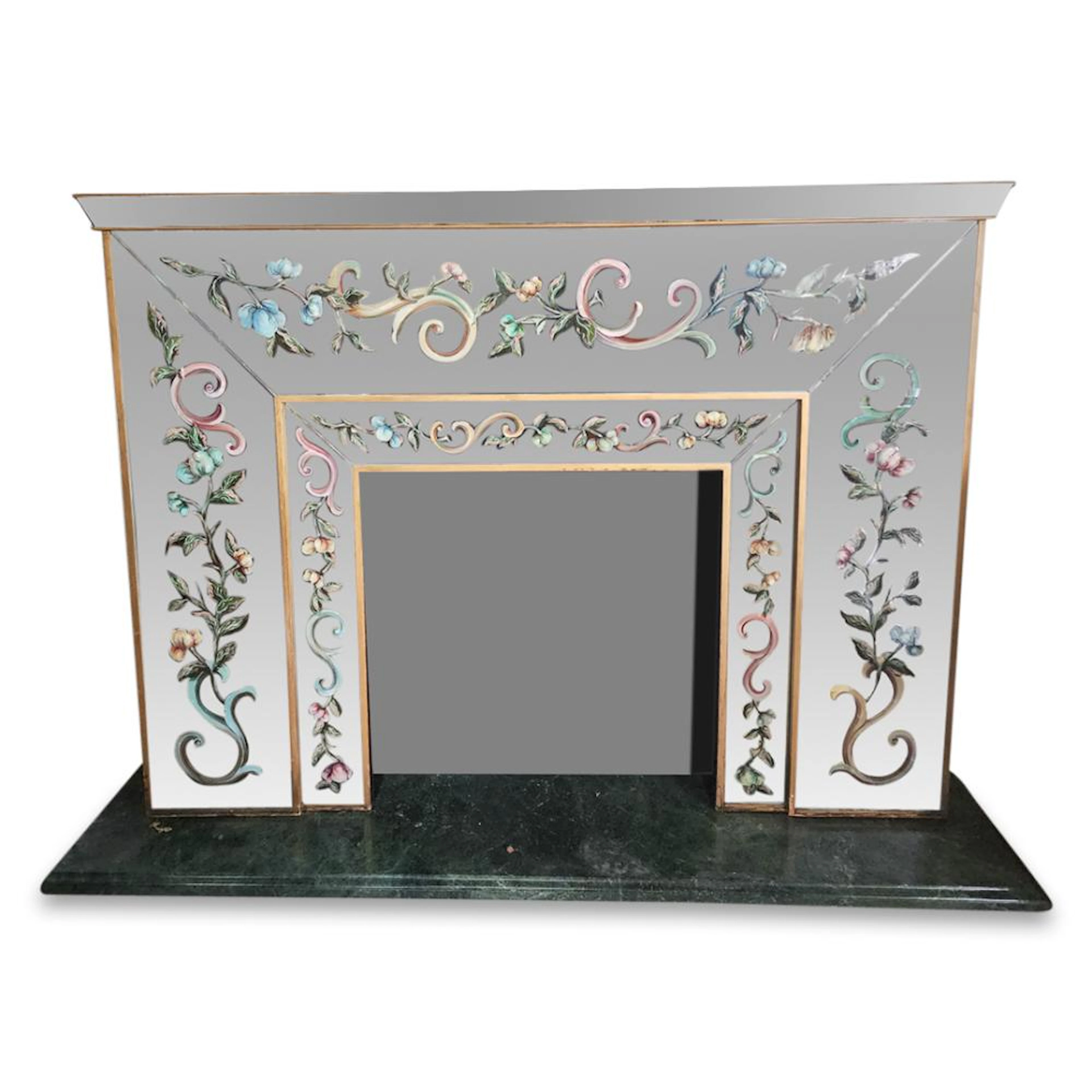 Italian Designer Mirrored Fireplace Mantel W/ Floral Eglomise